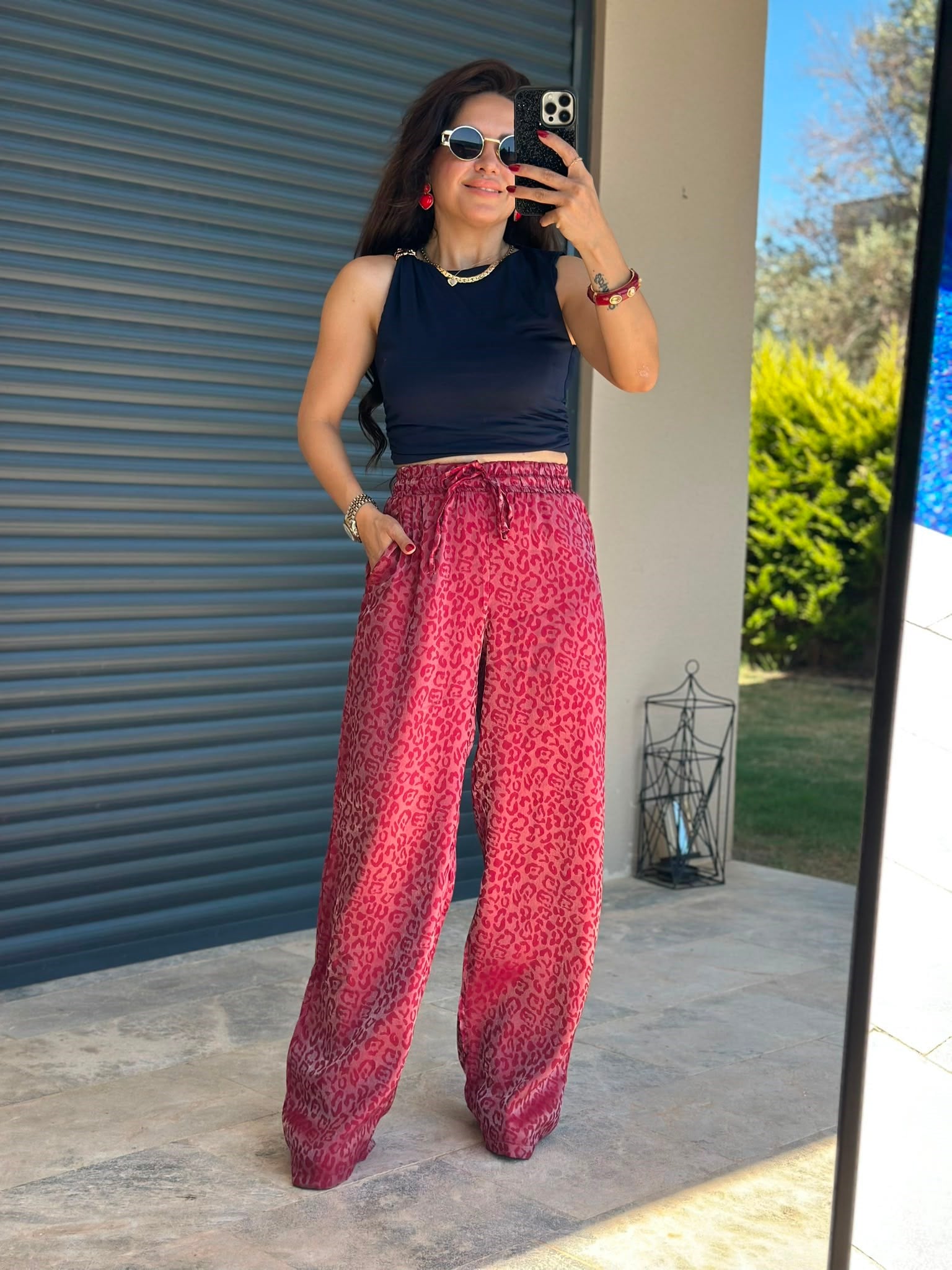Bordo-Gri Leopar Bol Paça Pantolon