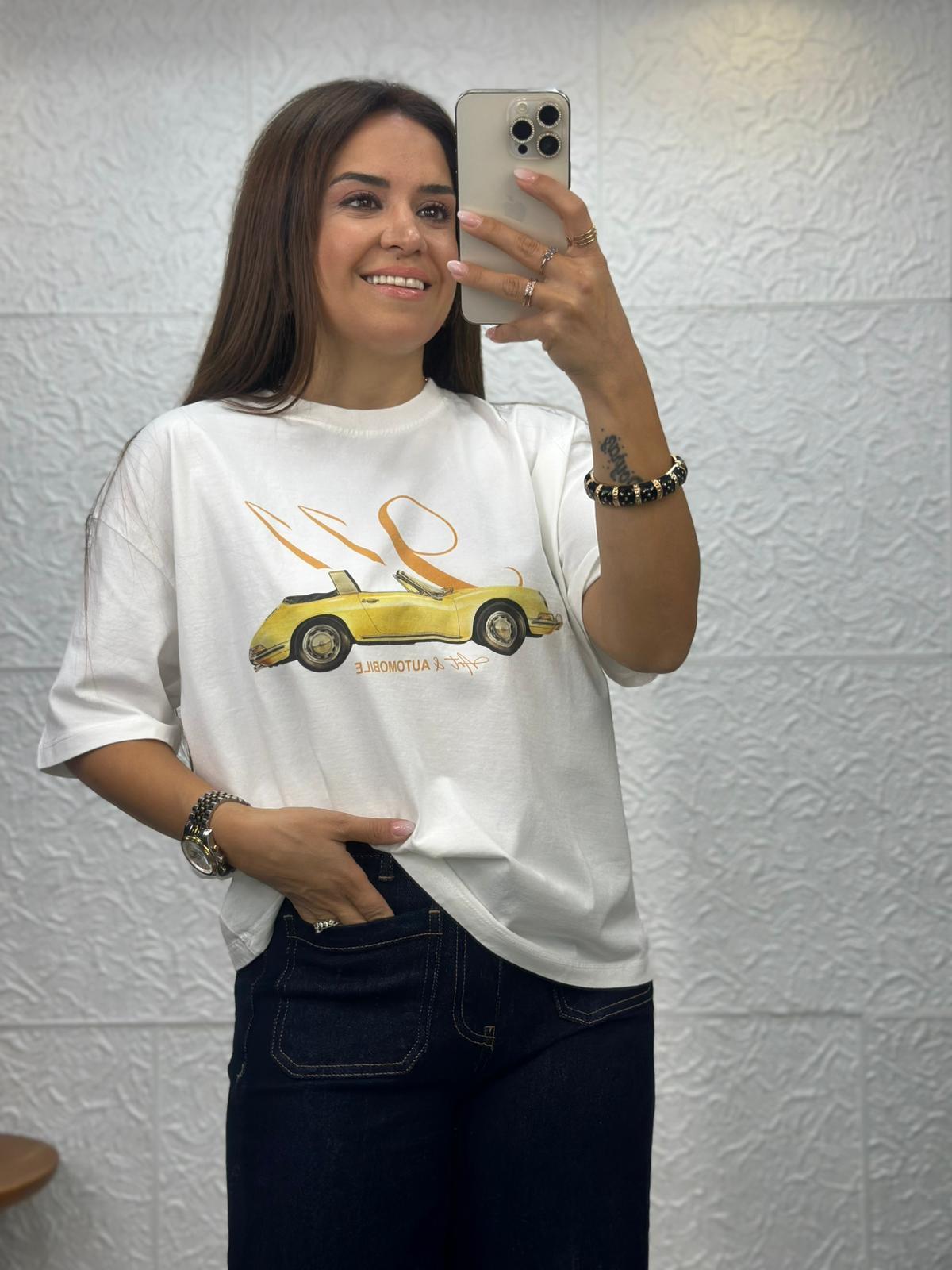 Car Baskılı Beyaz Tshirt