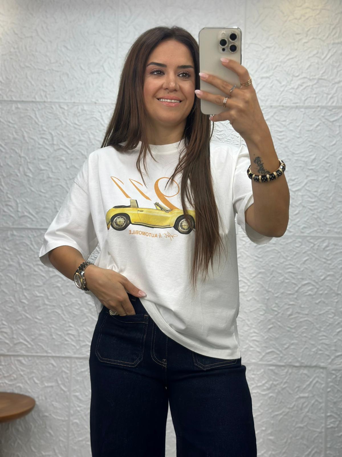 Car Baskılı Beyaz Tshirt
