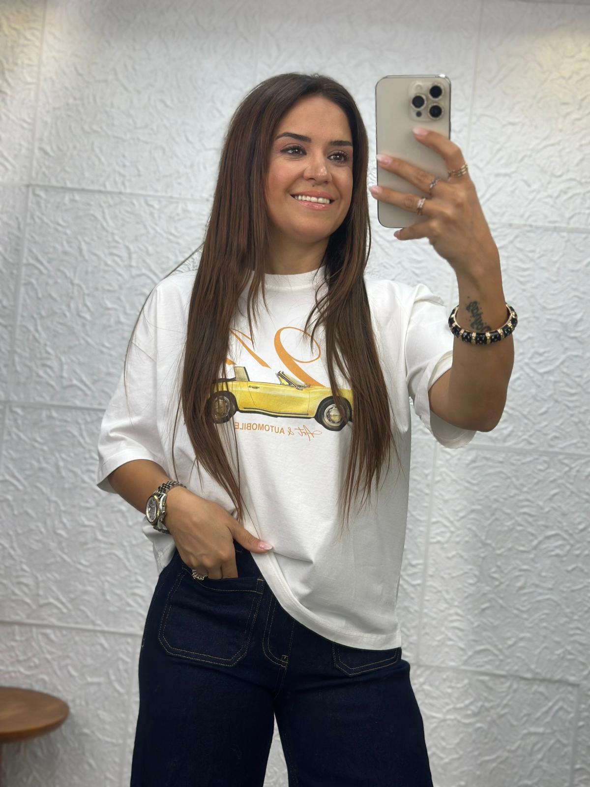 Car Baskılı Beyaz Tshirt