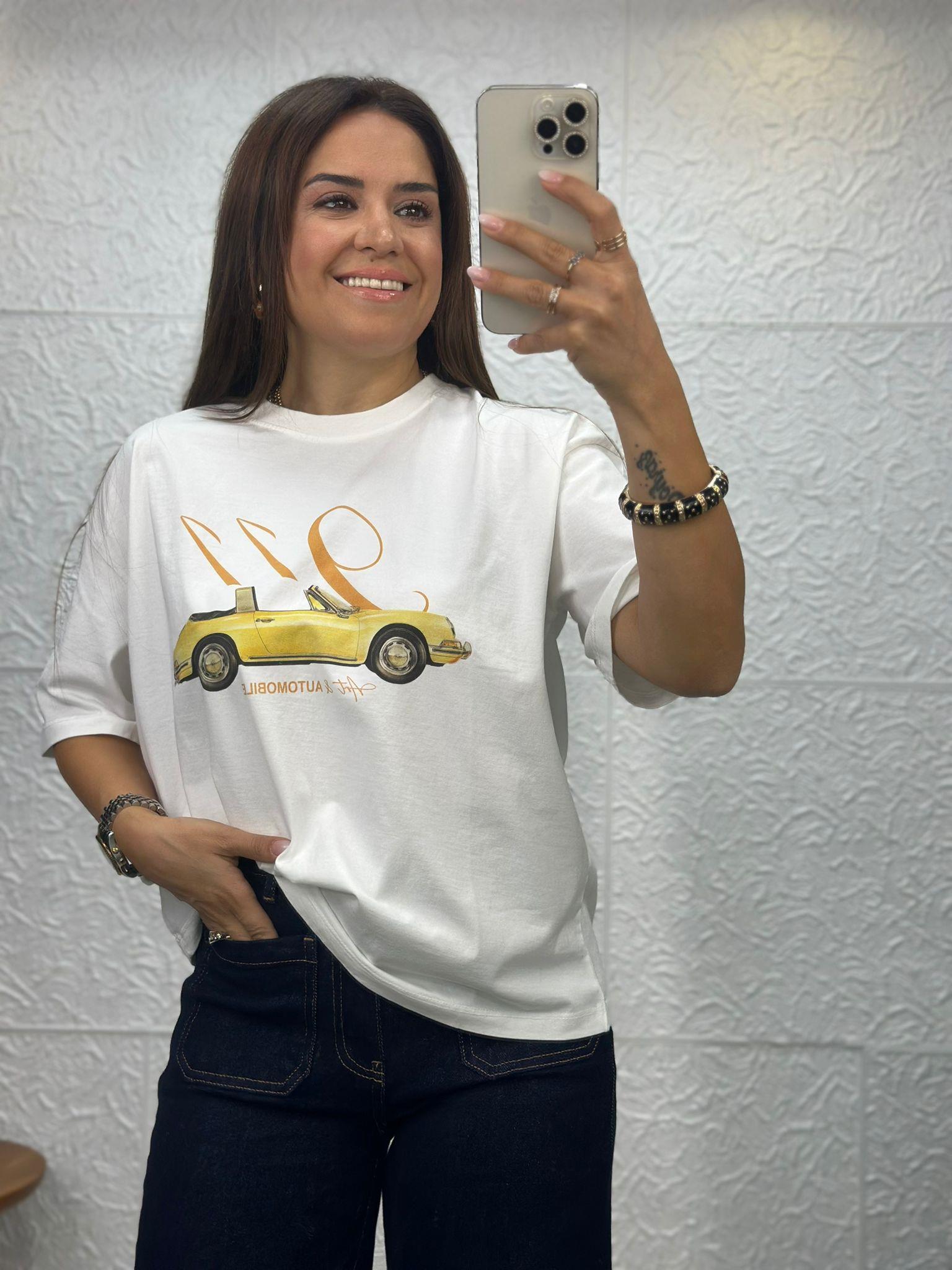 Car Baskılı Beyaz Tshirt