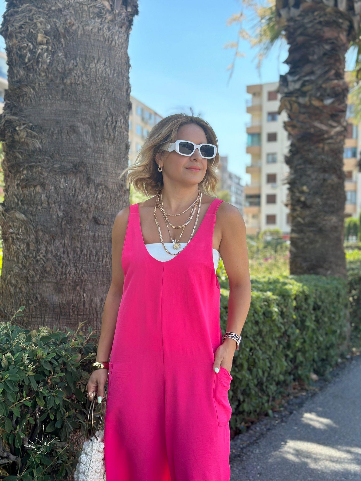 Cep Detaylı Askılı Pembe Tulum