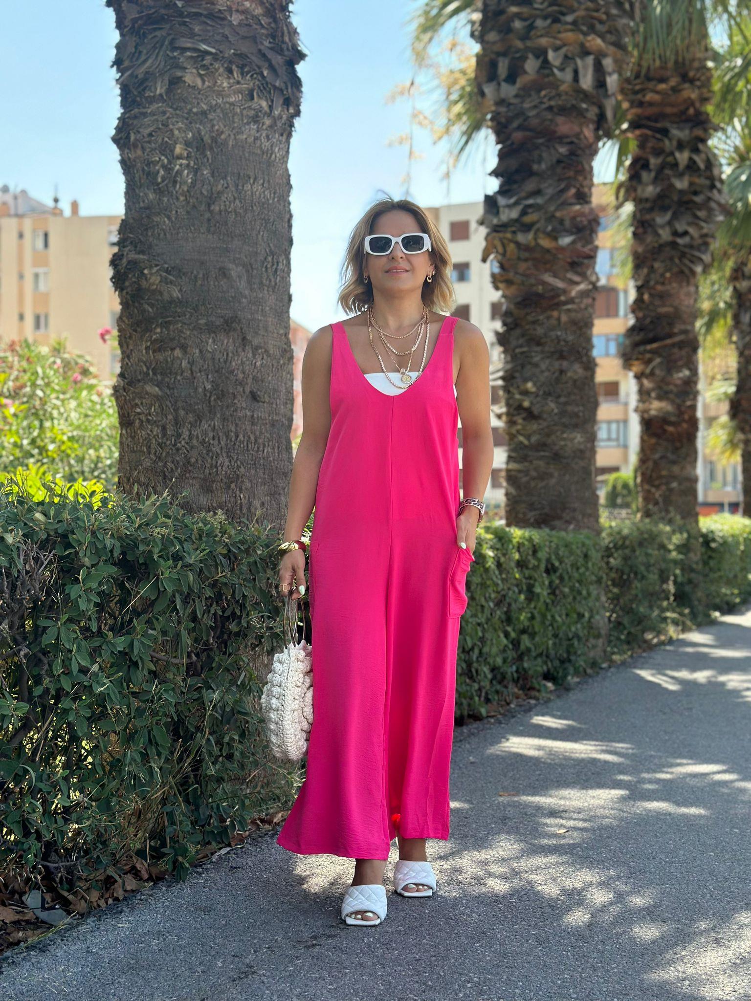 Cep Detaylı Askılı Pembe Tulum