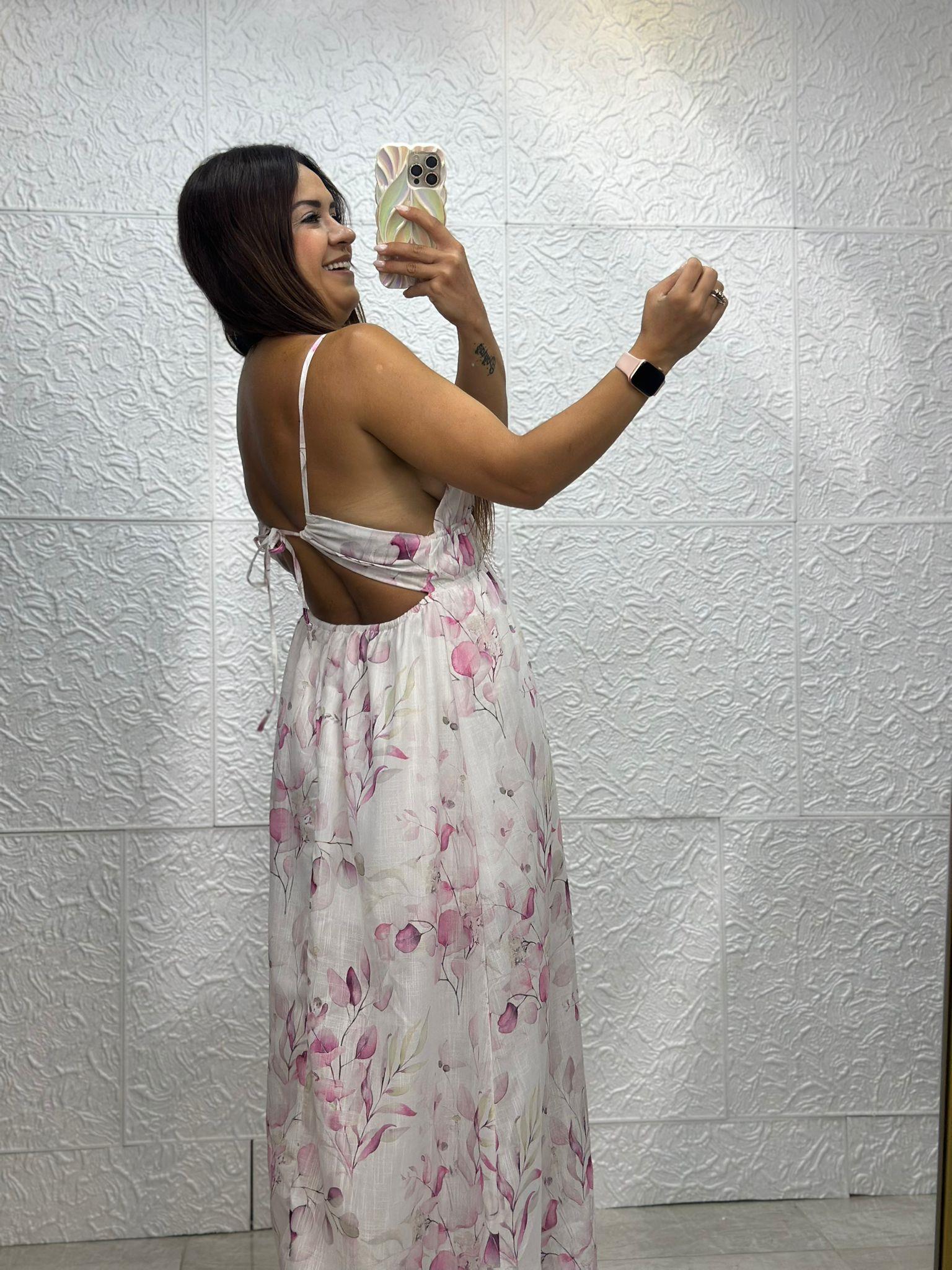 Çiçekli İp Askılı Beyaz Pembe Elbise