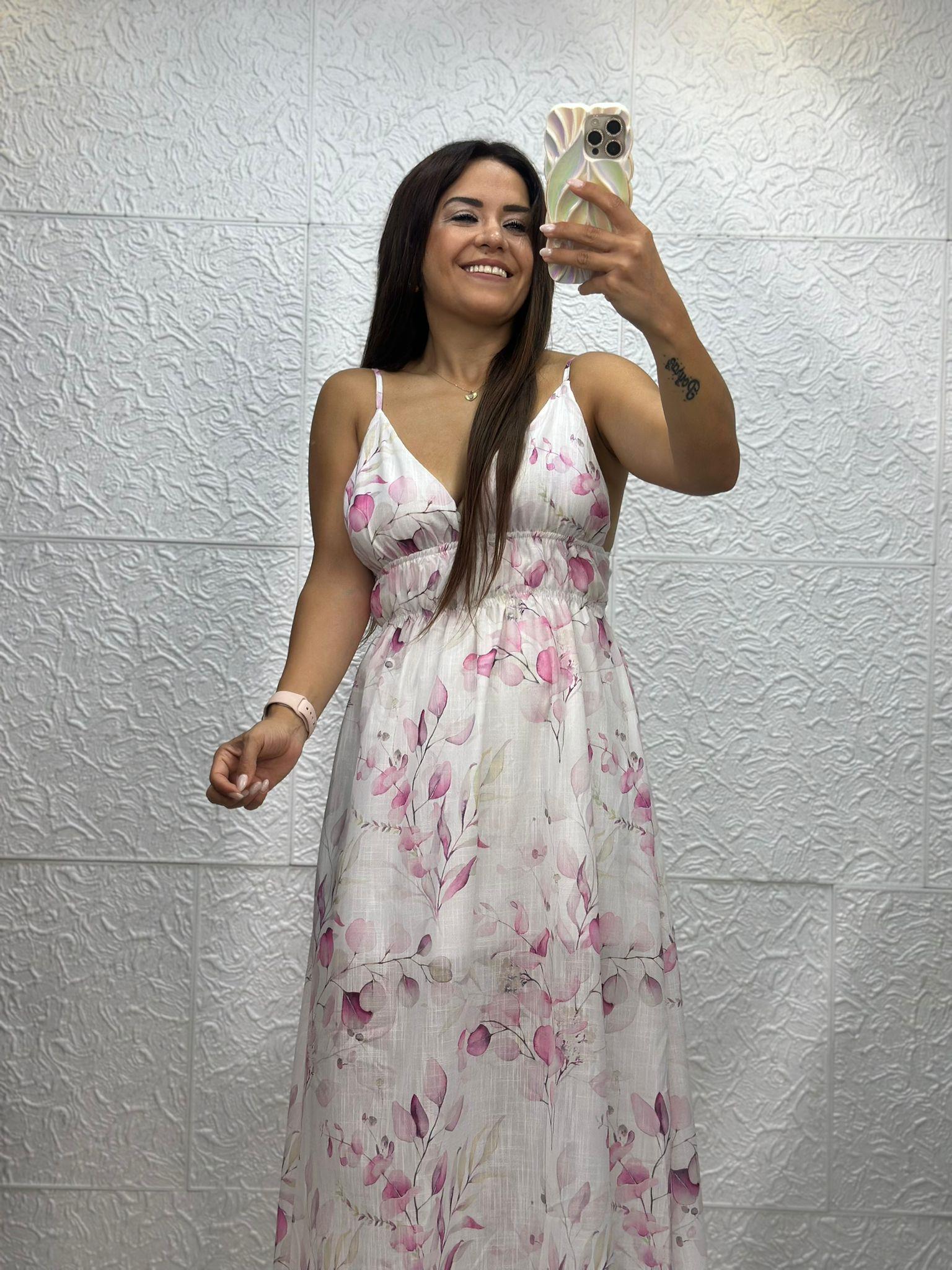 Çiçekli İp Askılı Beyaz Pembe Elbise