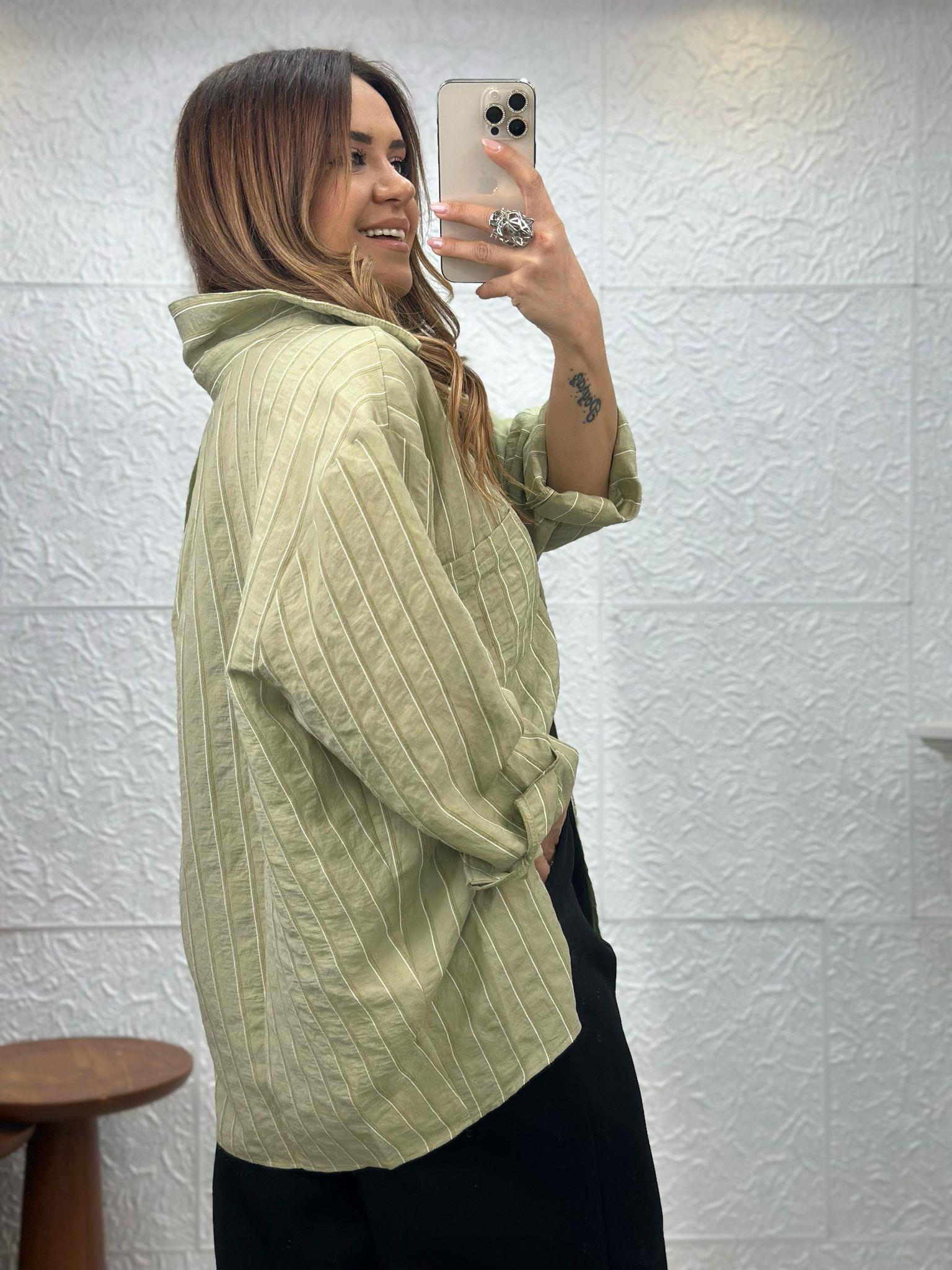 Çizgili Haki Oversize Gömlek