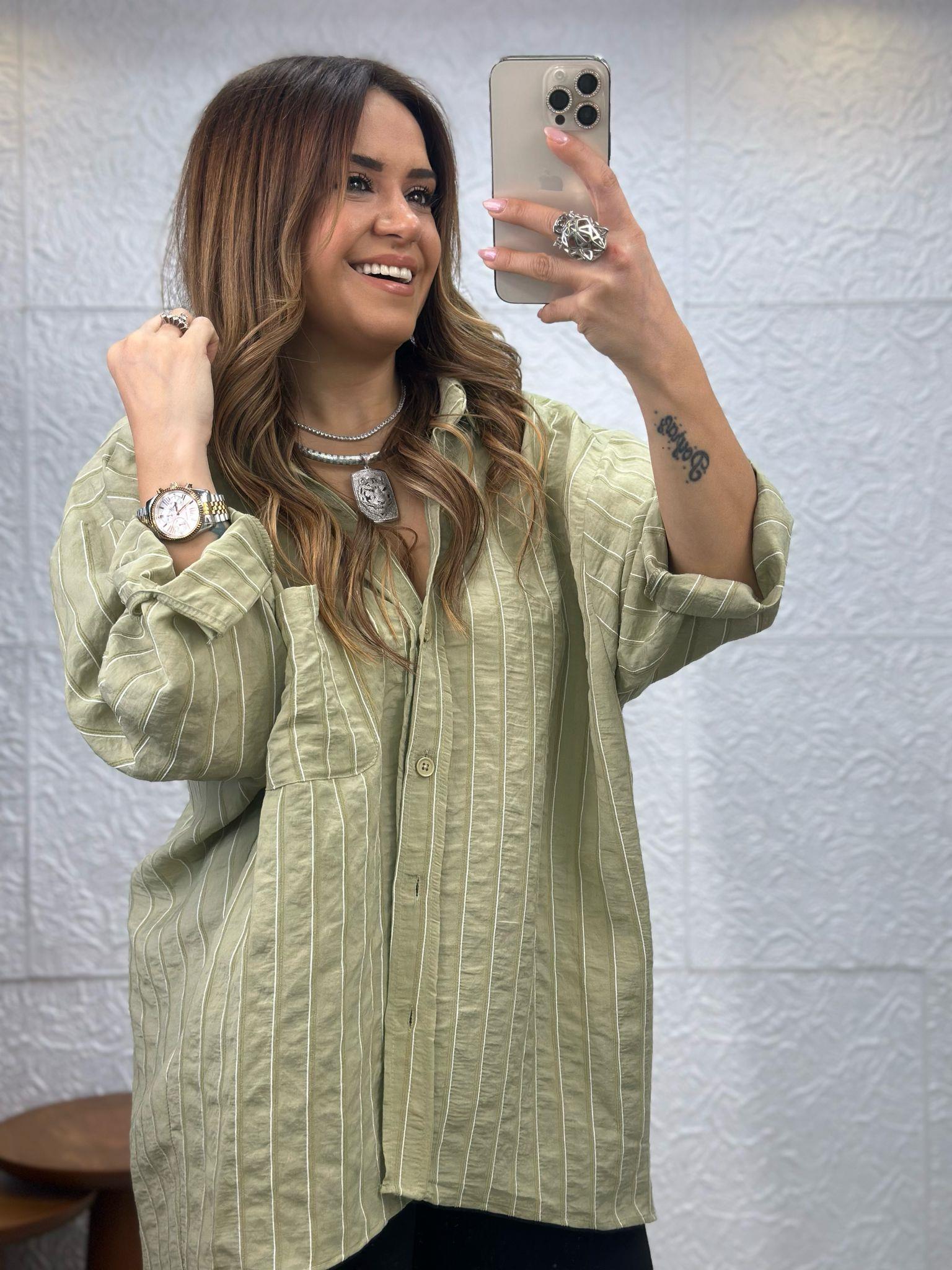 Çizgili Haki Oversize Gömlek