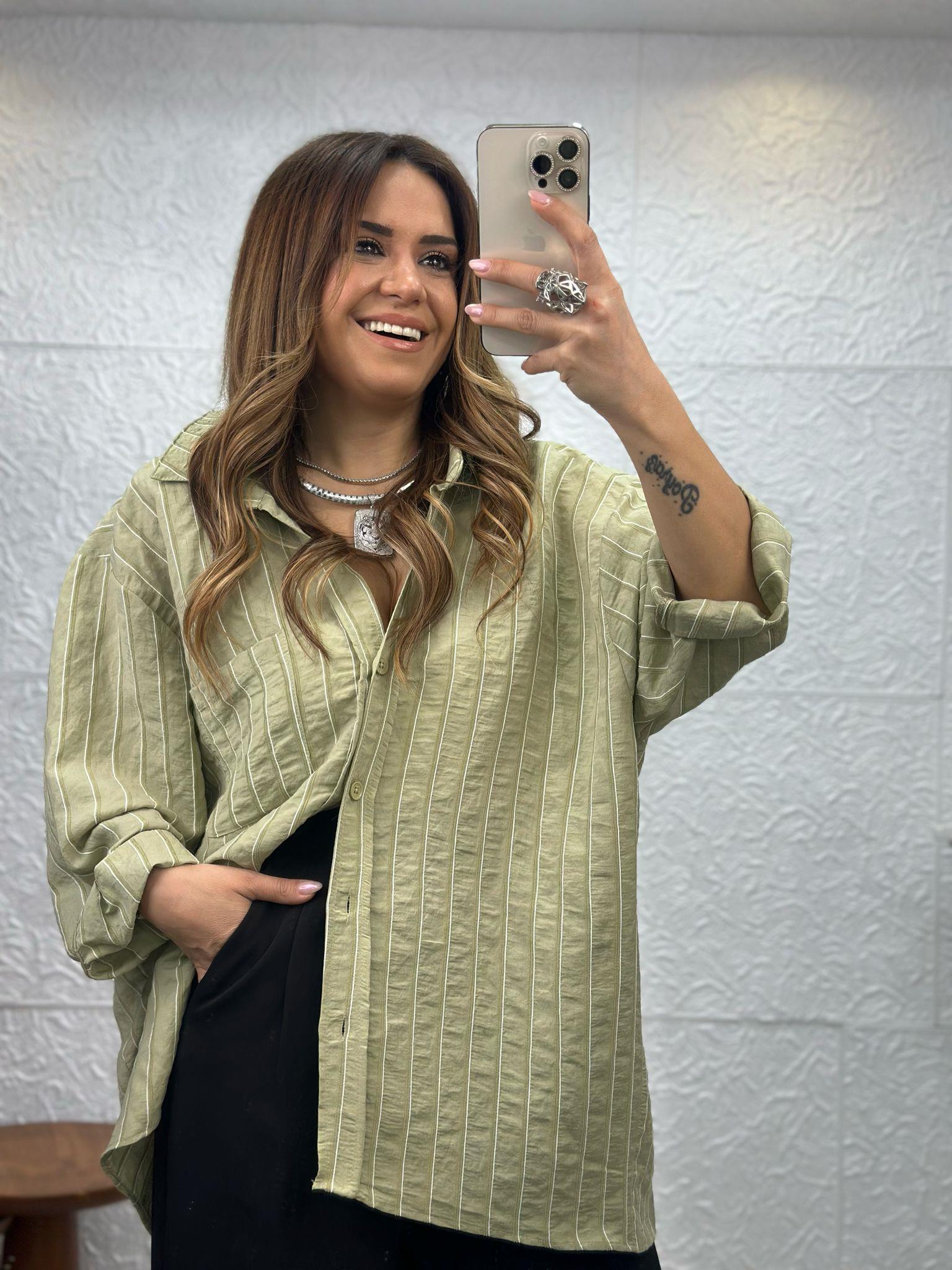 Çizgili Haki Oversize Gömlek