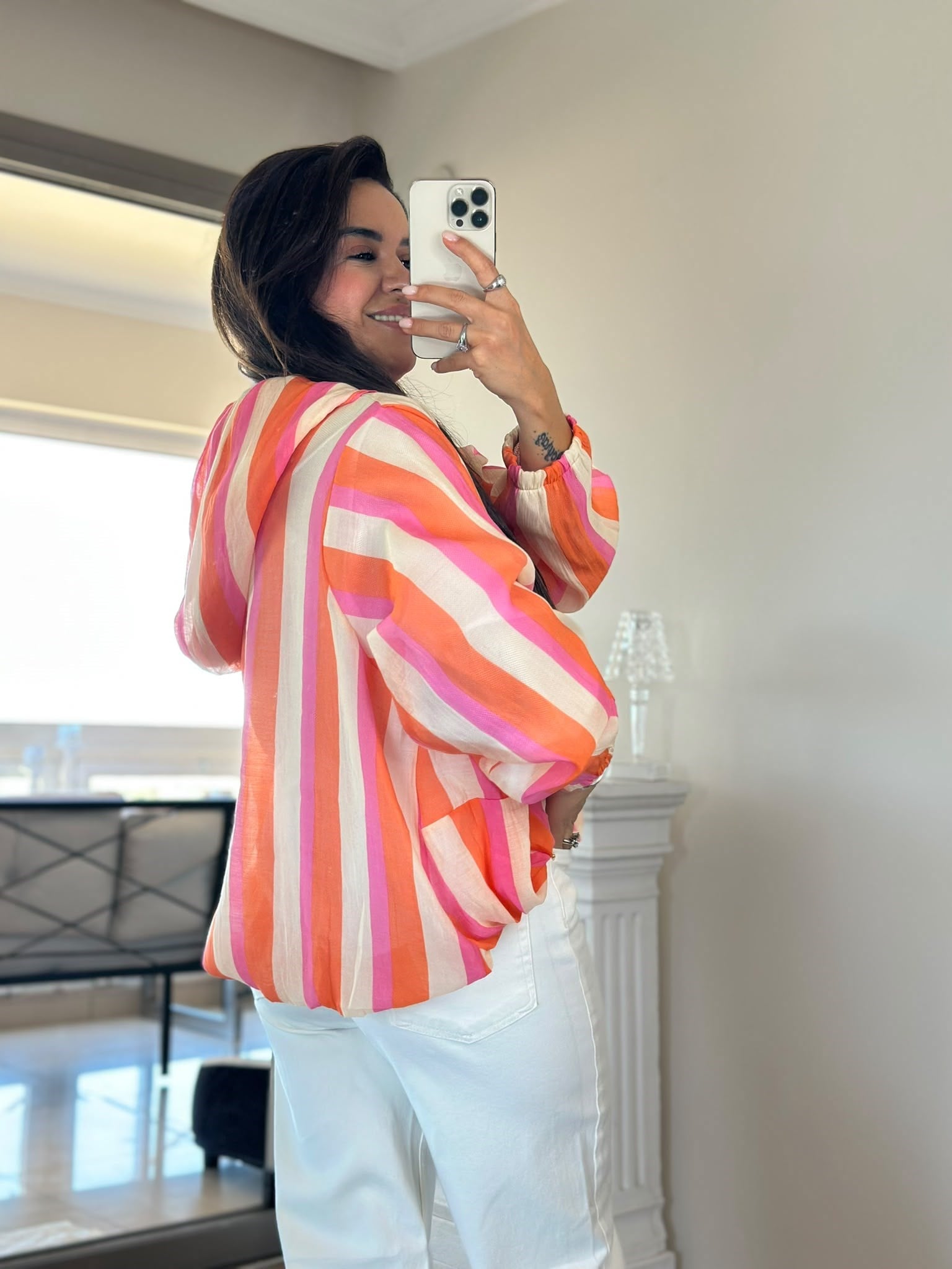 Çizgili Şifon Ceket Orange-Pembe