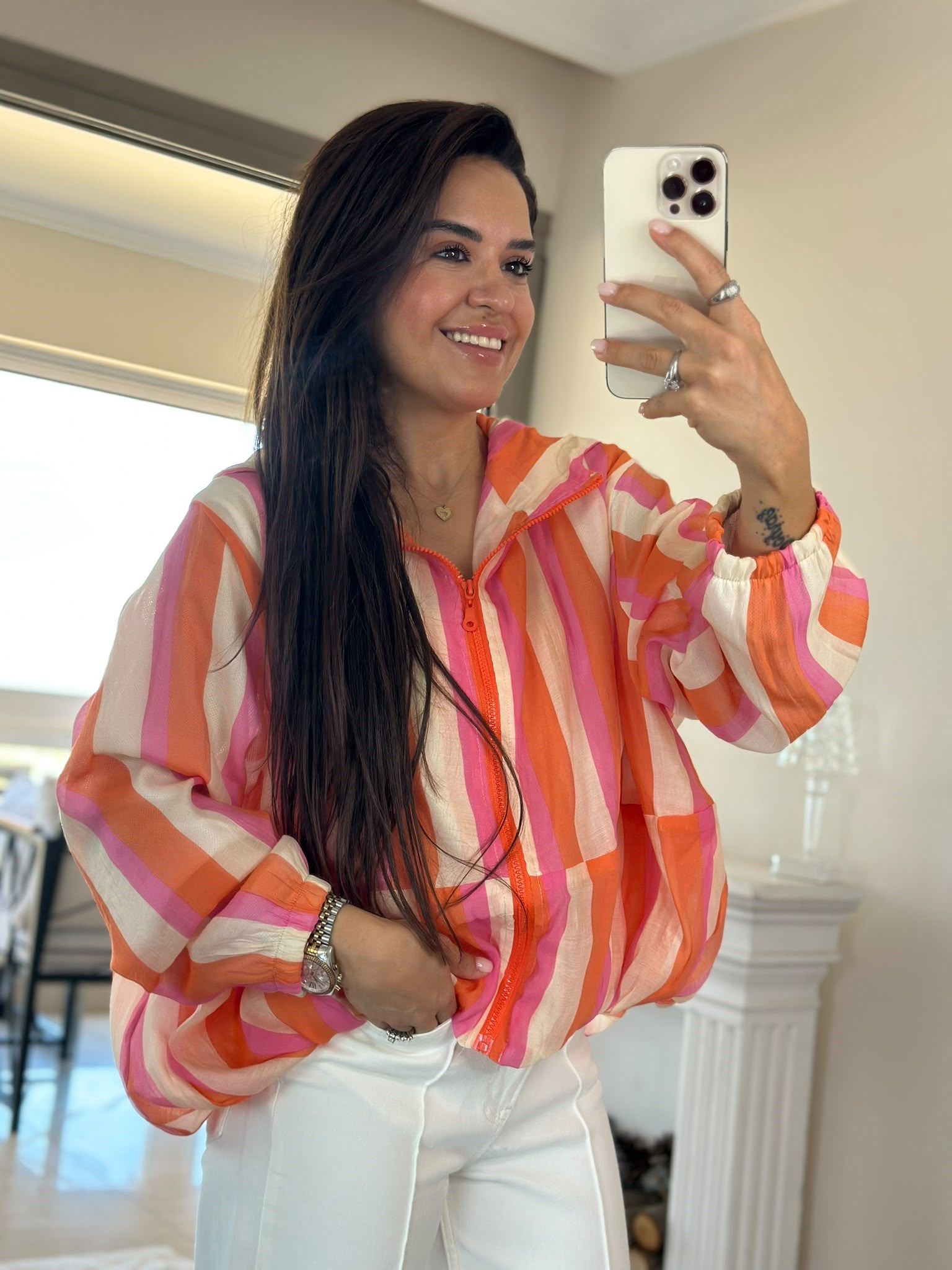 Çizgili Şifon Ceket Orange-Pembe