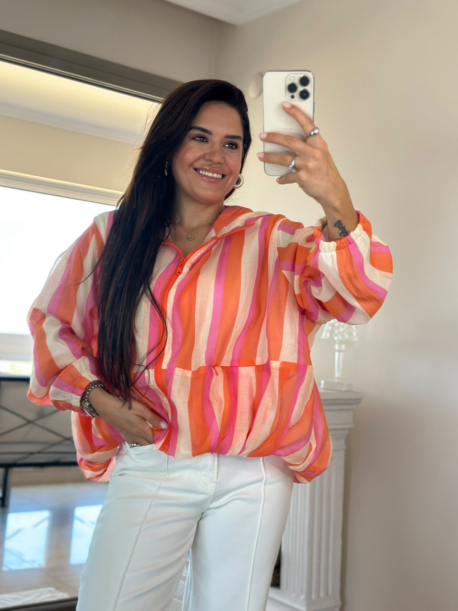 Çizgili Şifon Ceket Orange-Pembe