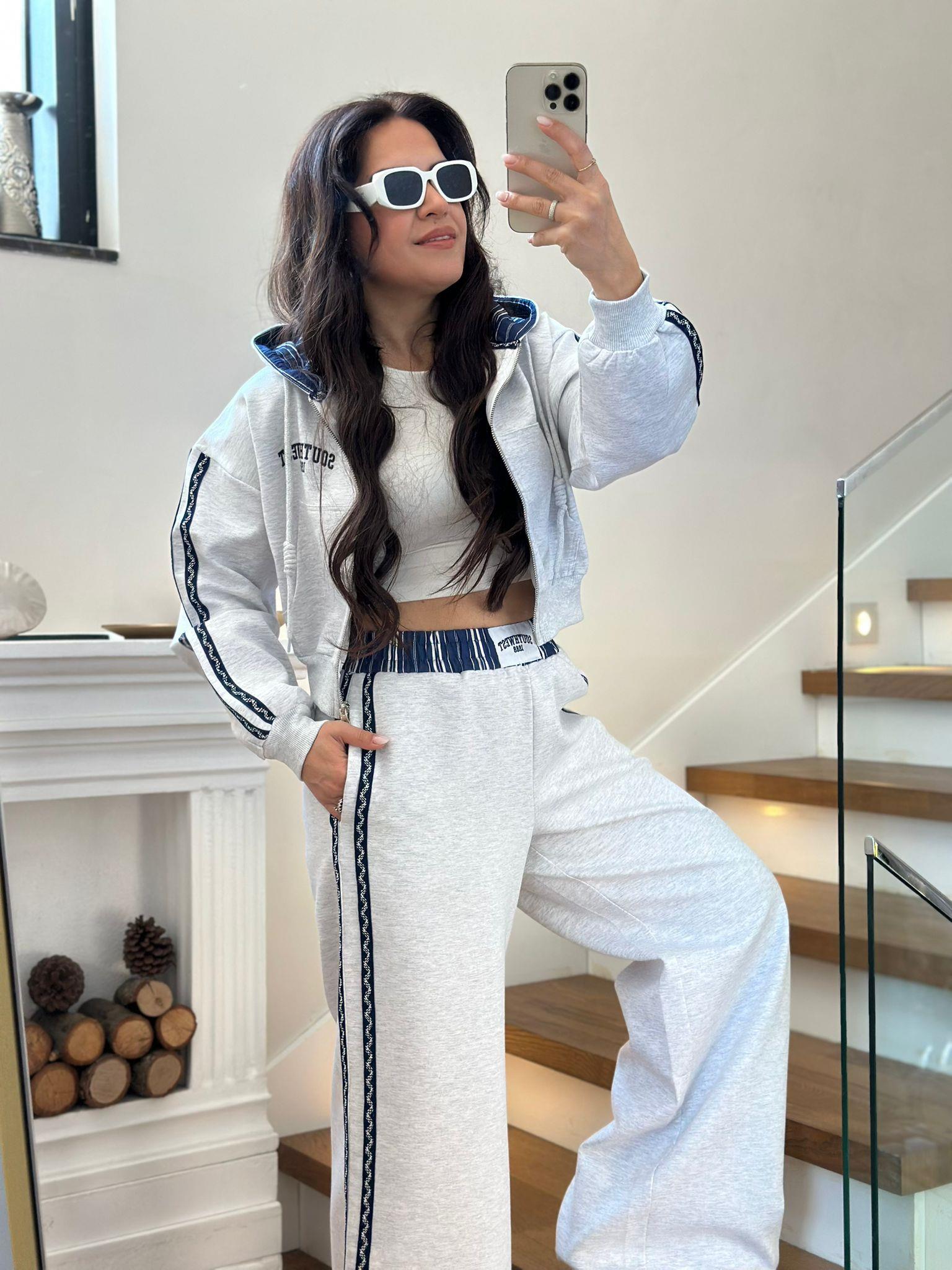Crop Eşofman Pantolon Gri Takım