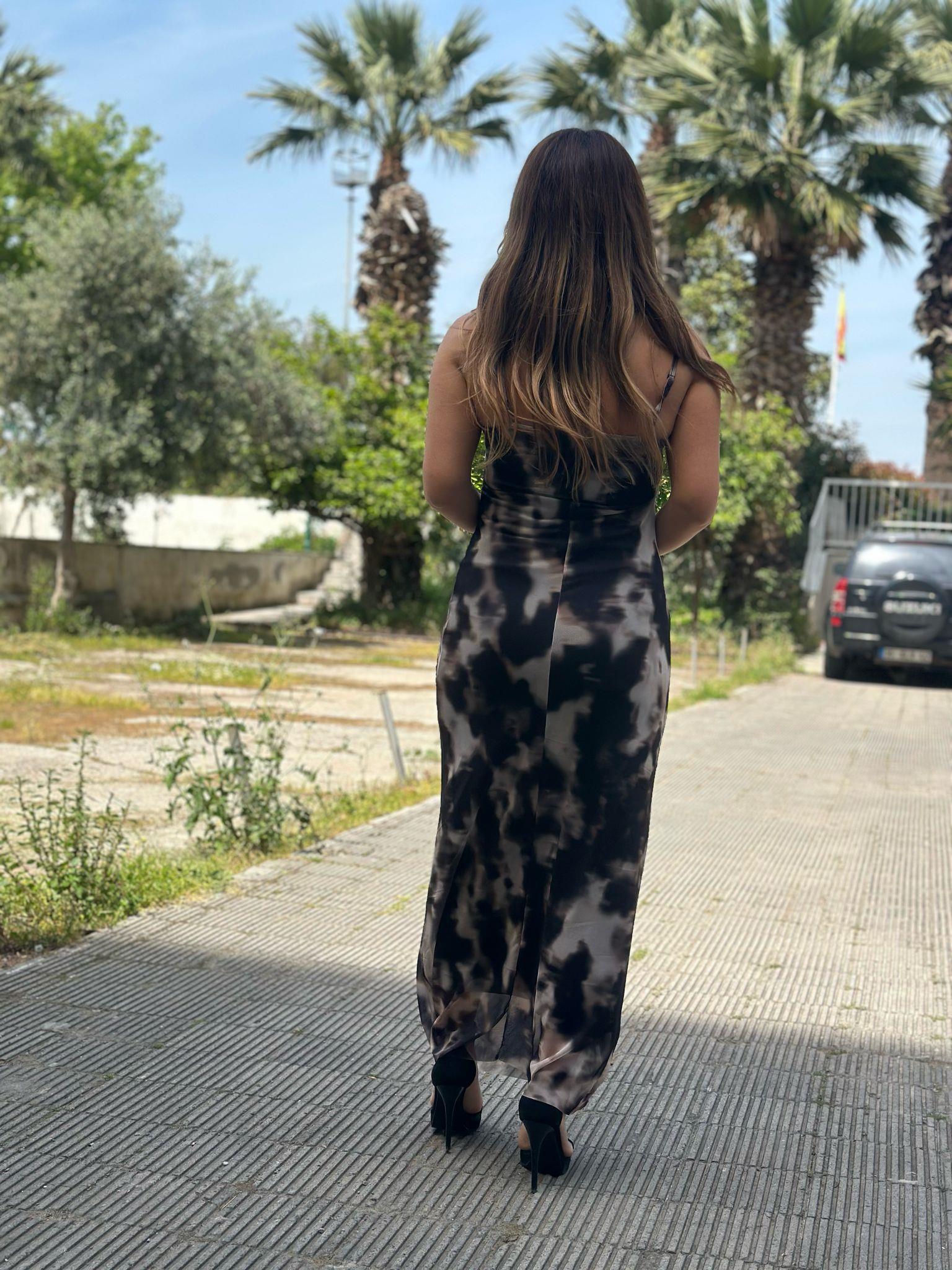 Degaje Yaka İp Askılı Siyah Bej Elbise