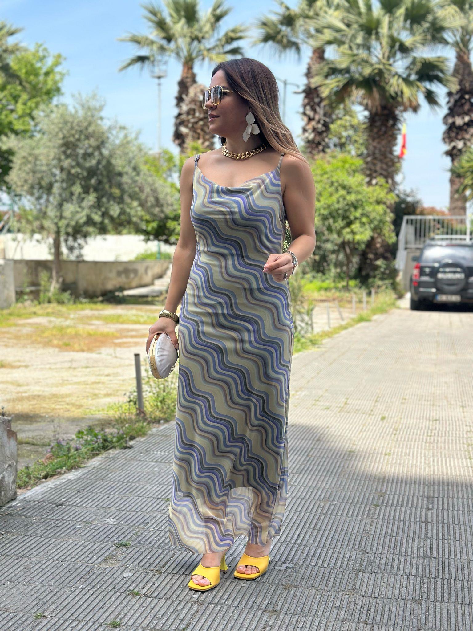 Degaje Yaka İp Askılı Yeşil Mor Elbise