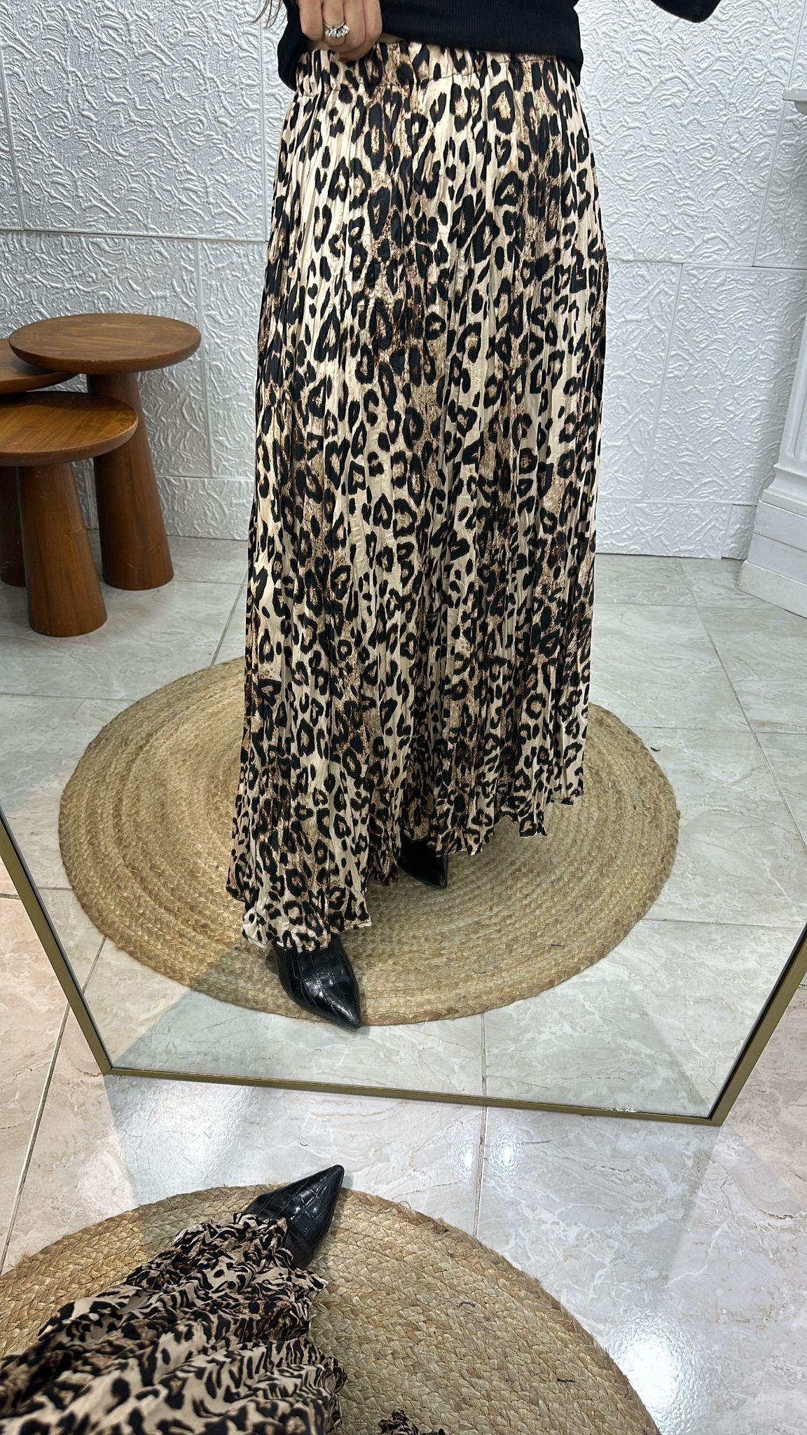 Desenli Kraslı Bej Leopar Etek