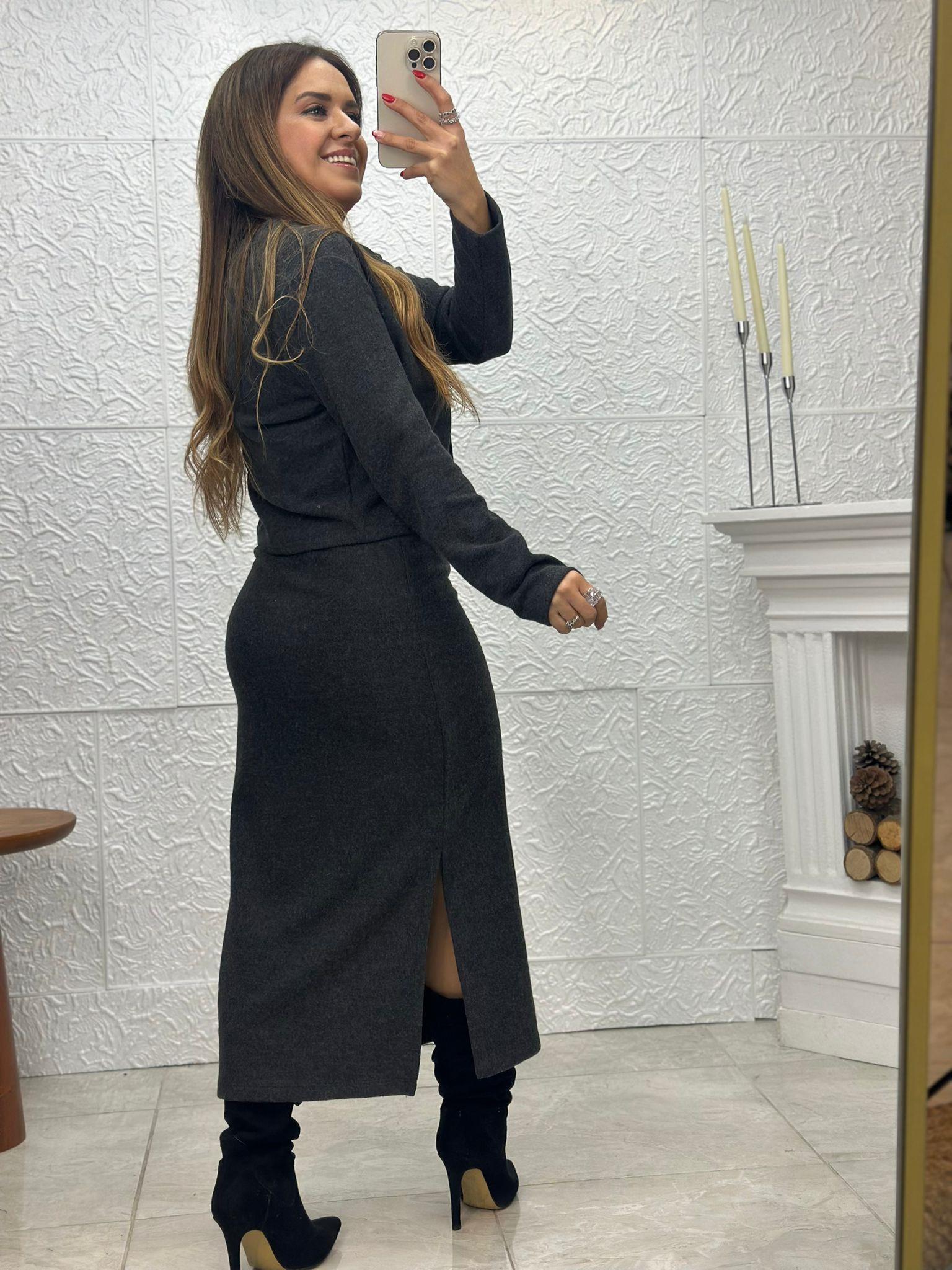 Düğme Detaylı Füme Etek Takım
