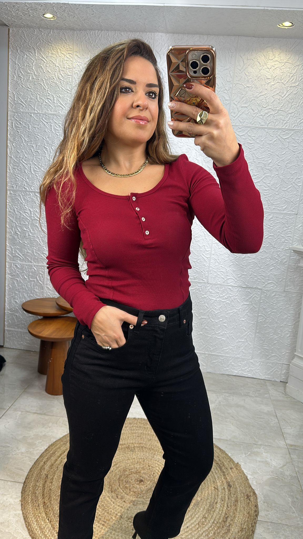 Düğmeli Bordo Uzun Kollu Bluz