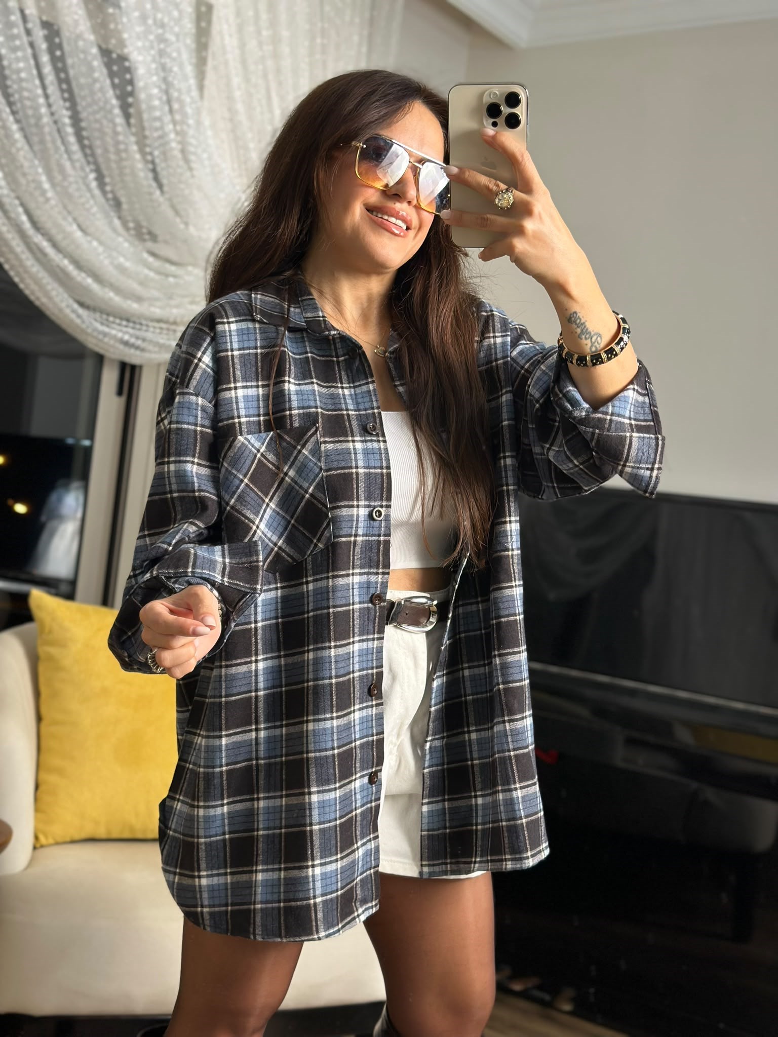 Ekose Pamuk Gri Mavi Oversize Gömlek