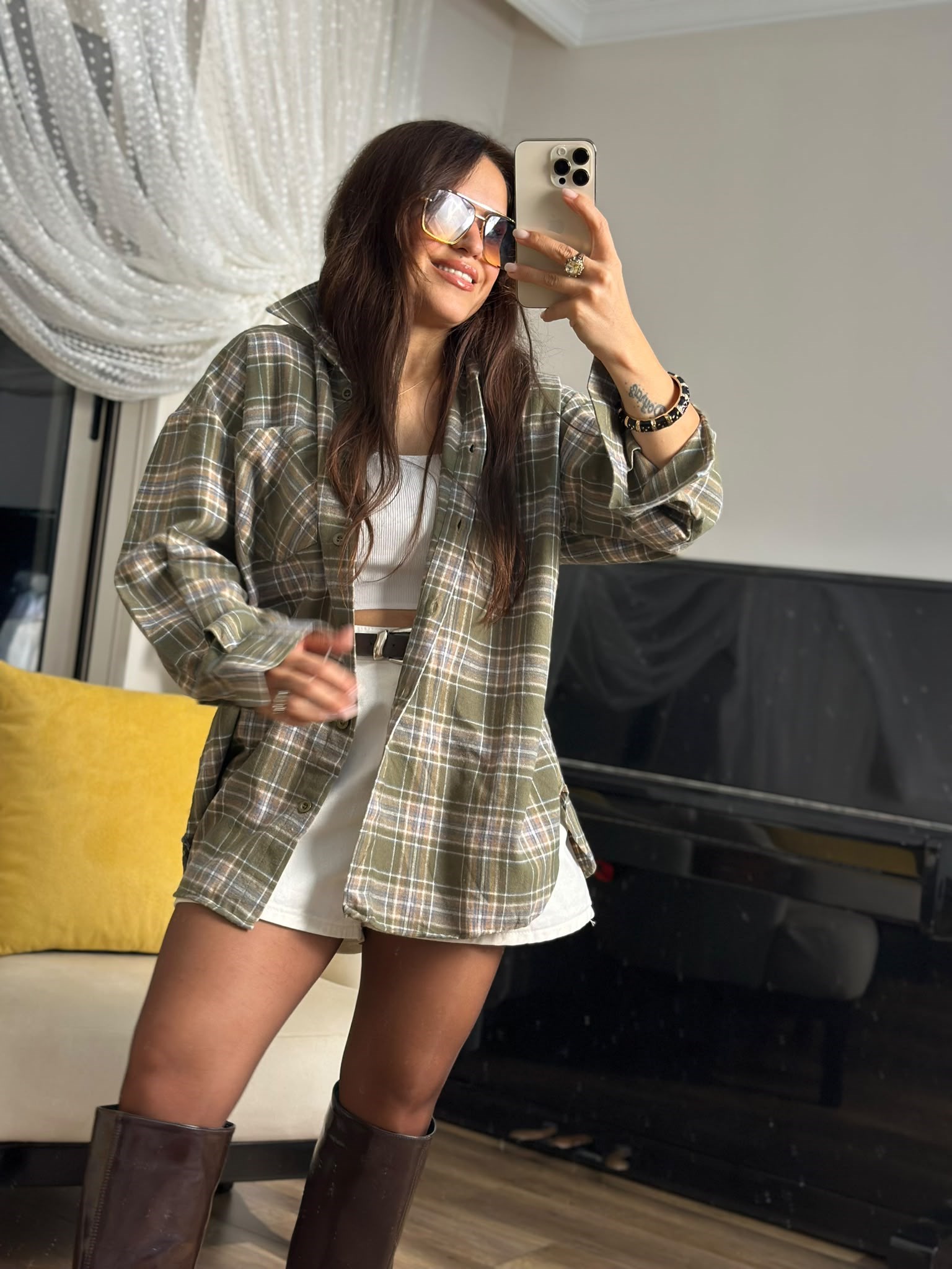 Ekose Pamuk Yeşil Bej Oversize Gömlek