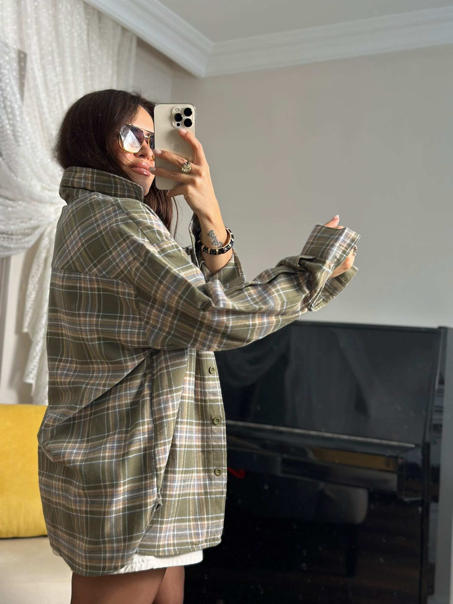 Ekose Pamuk Yeşil Bej Oversize Gömlek