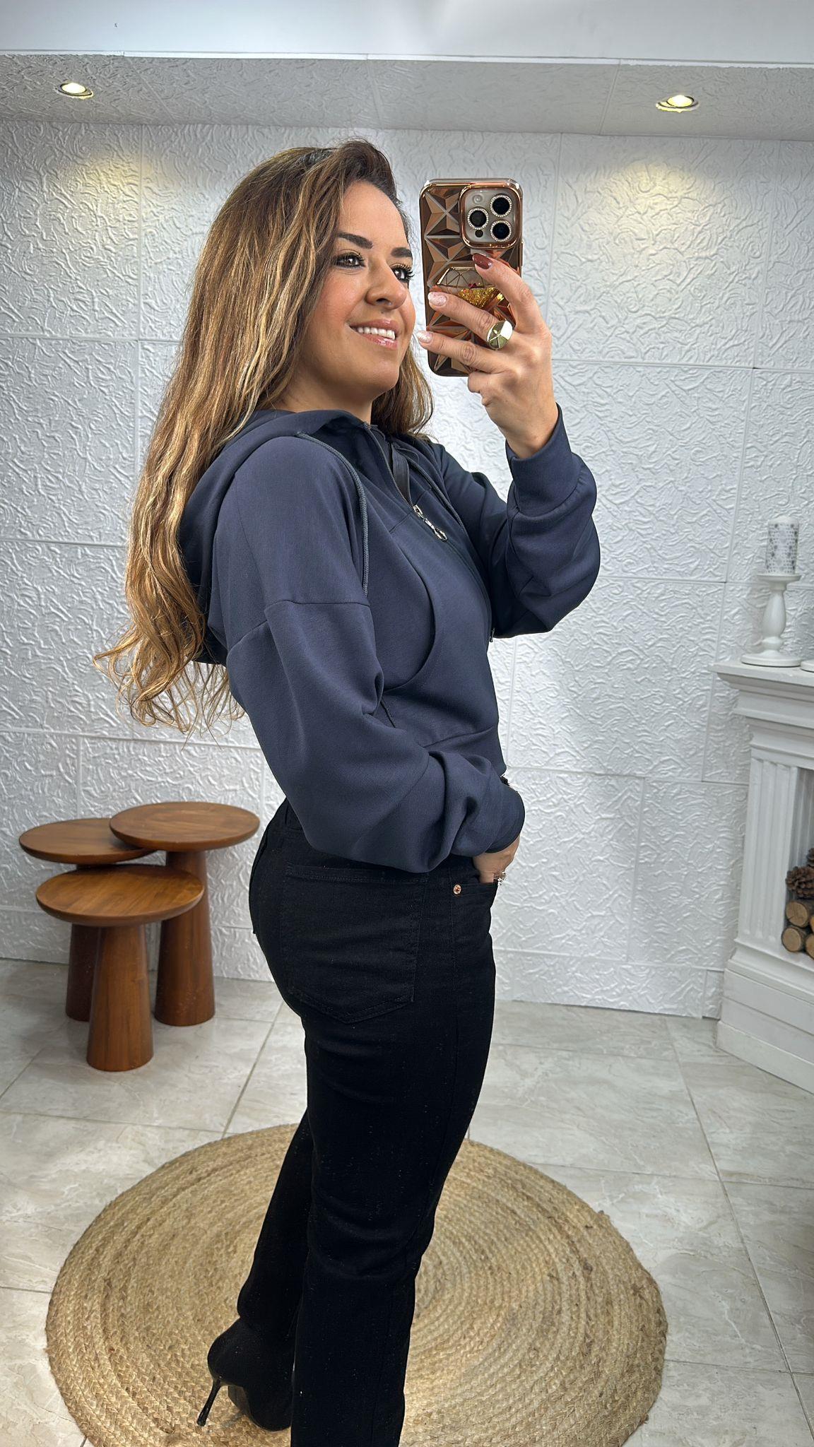 FERMUARLI KAPÜŞONLU FÜME CROP CEKET