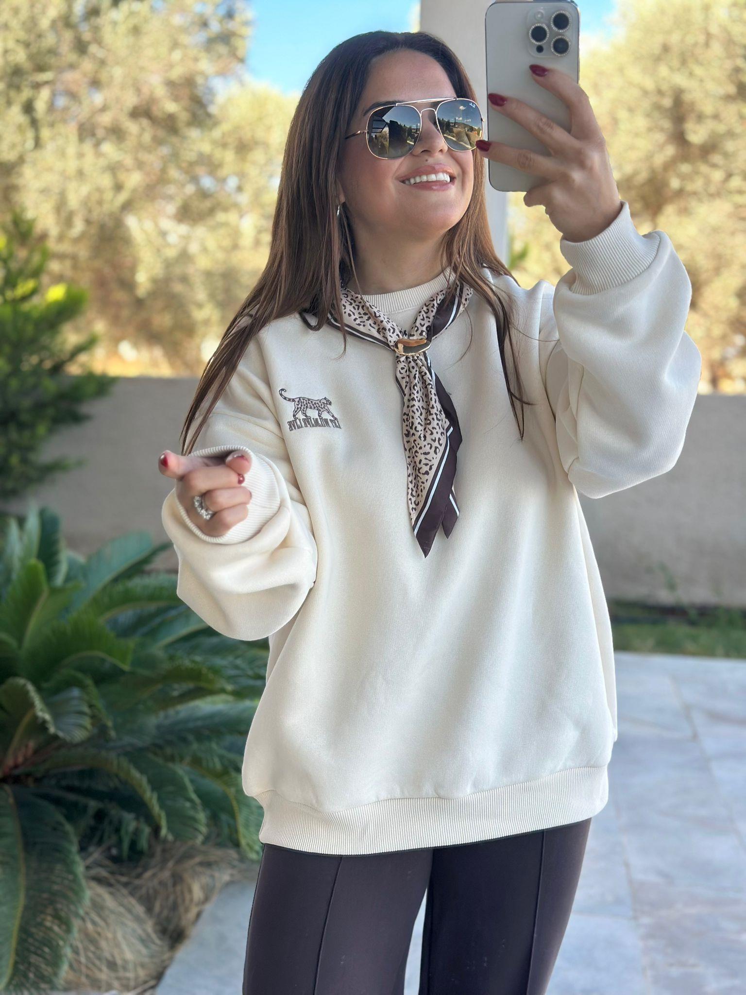Fularlı Leopar Krem Sweatshirt