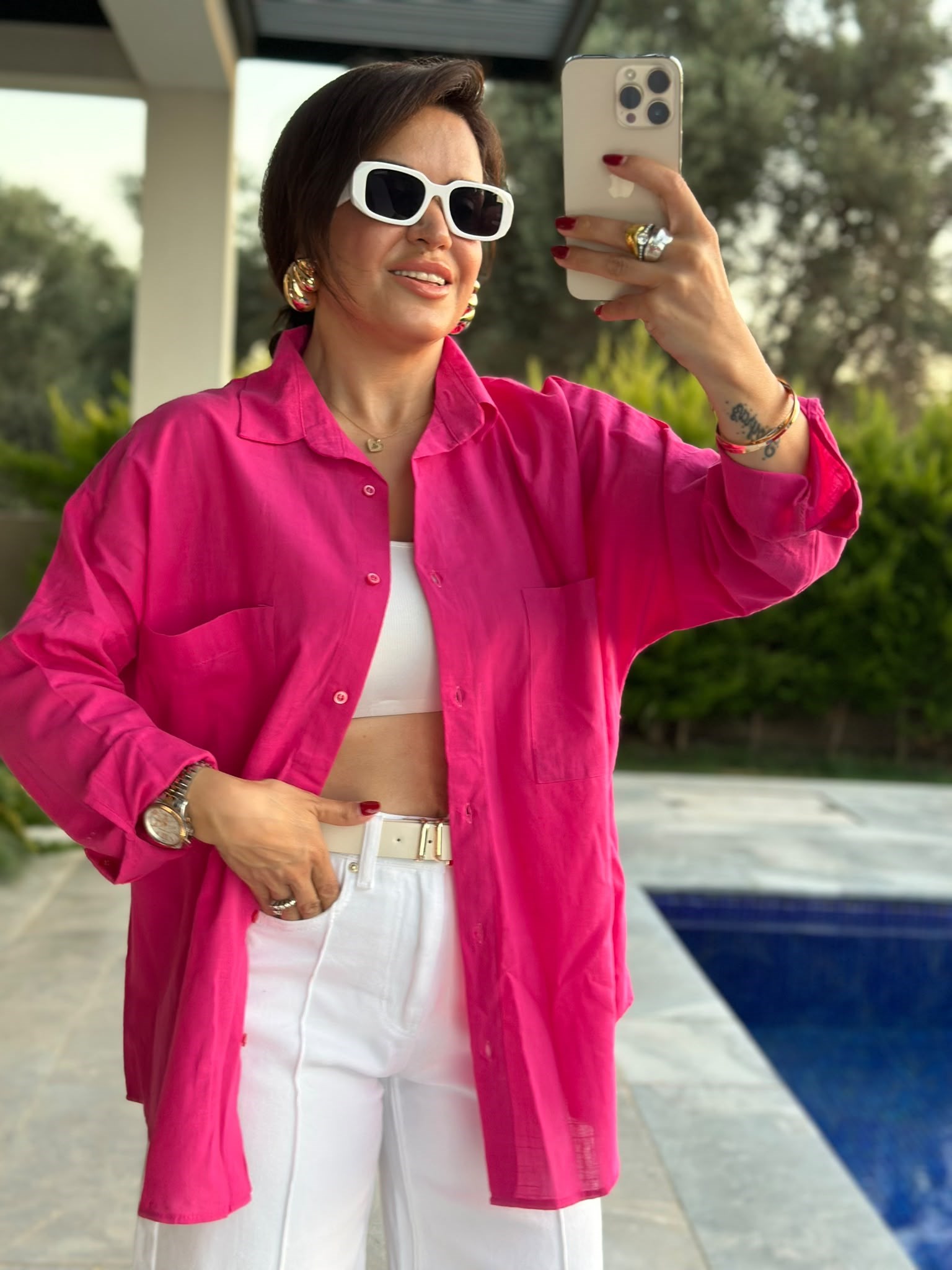 Fuşya Çift Cepli Oversize Gömlek