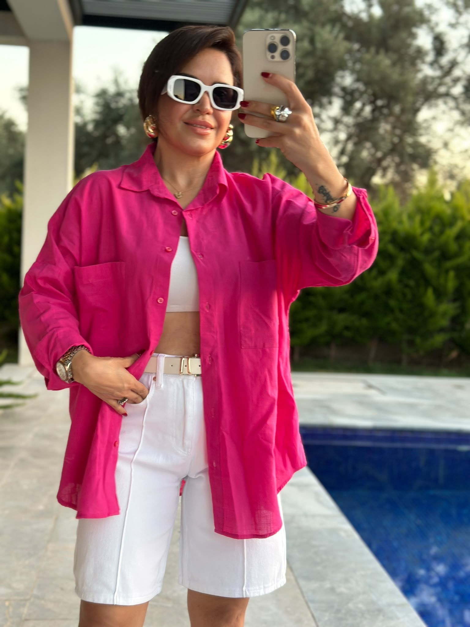 Fuşya Çift Cepli Oversize Gömlek