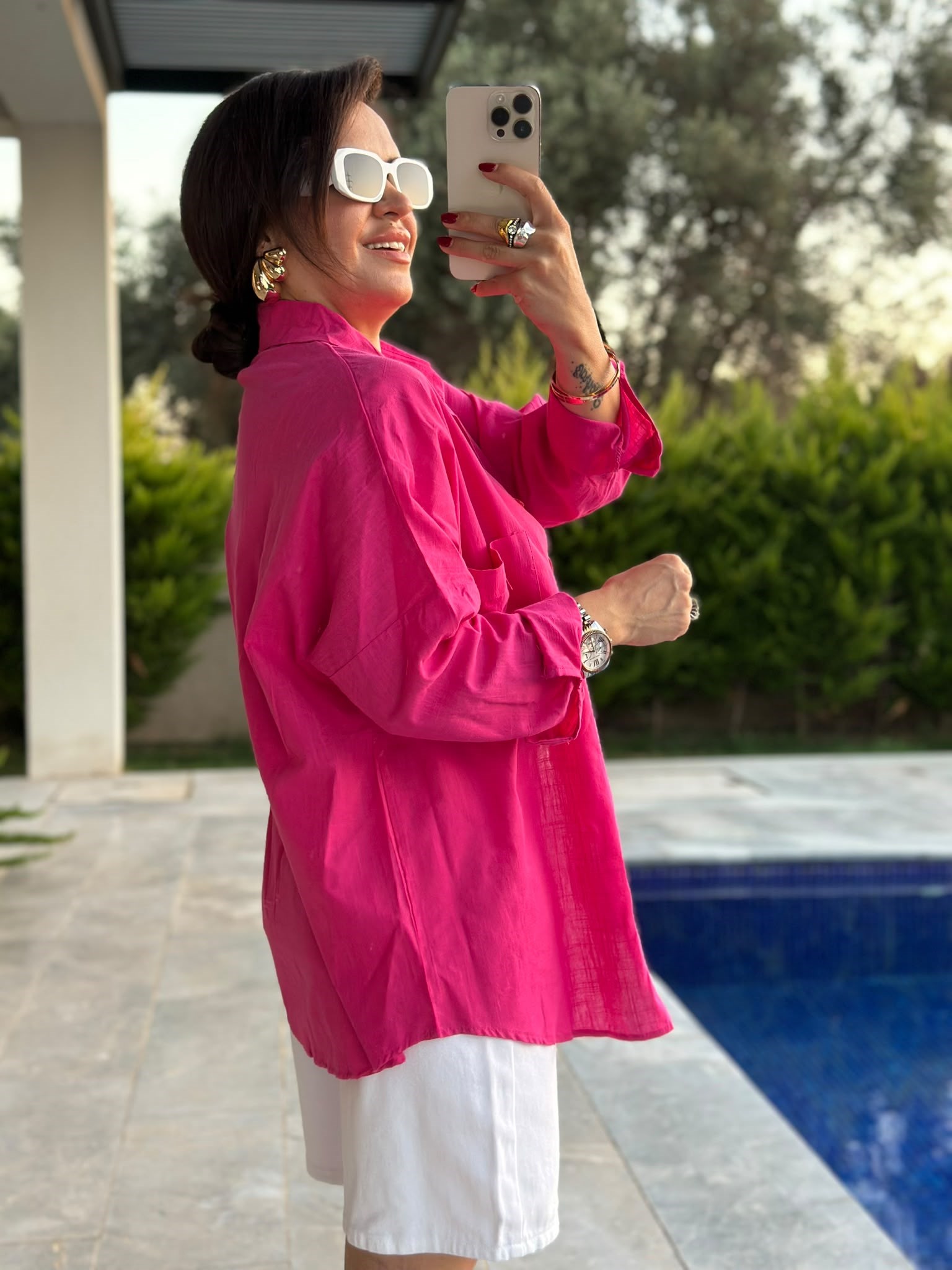 Fuşya Çift Cepli Oversize Gömlek