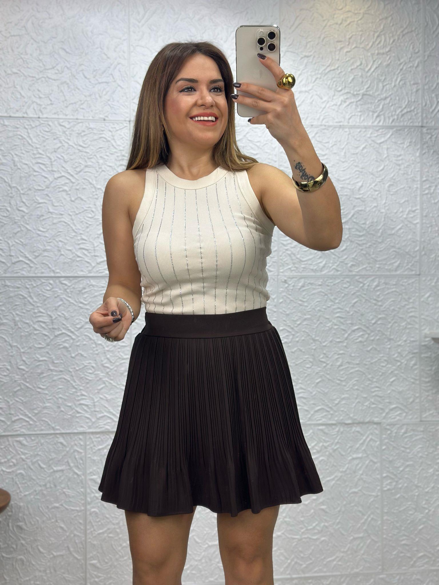 Halter Yaka Taş Baskılı Bej Atlet