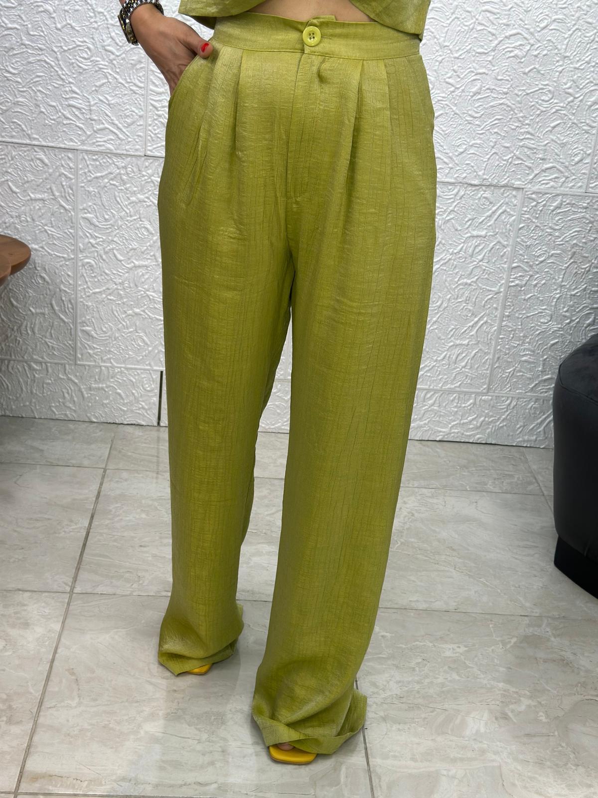İki Cepli Crop Palazzo Yeşil Pantolon