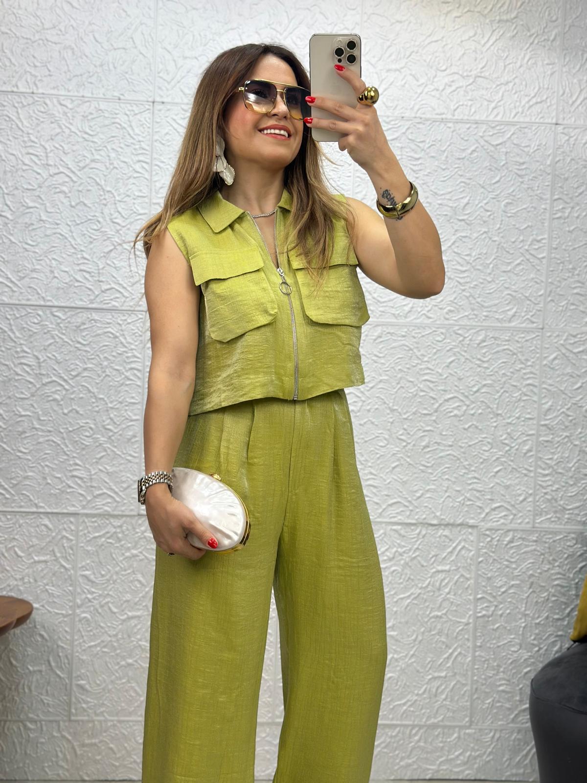 İki Cepli Crop Palazzo Yeşil Pantolon