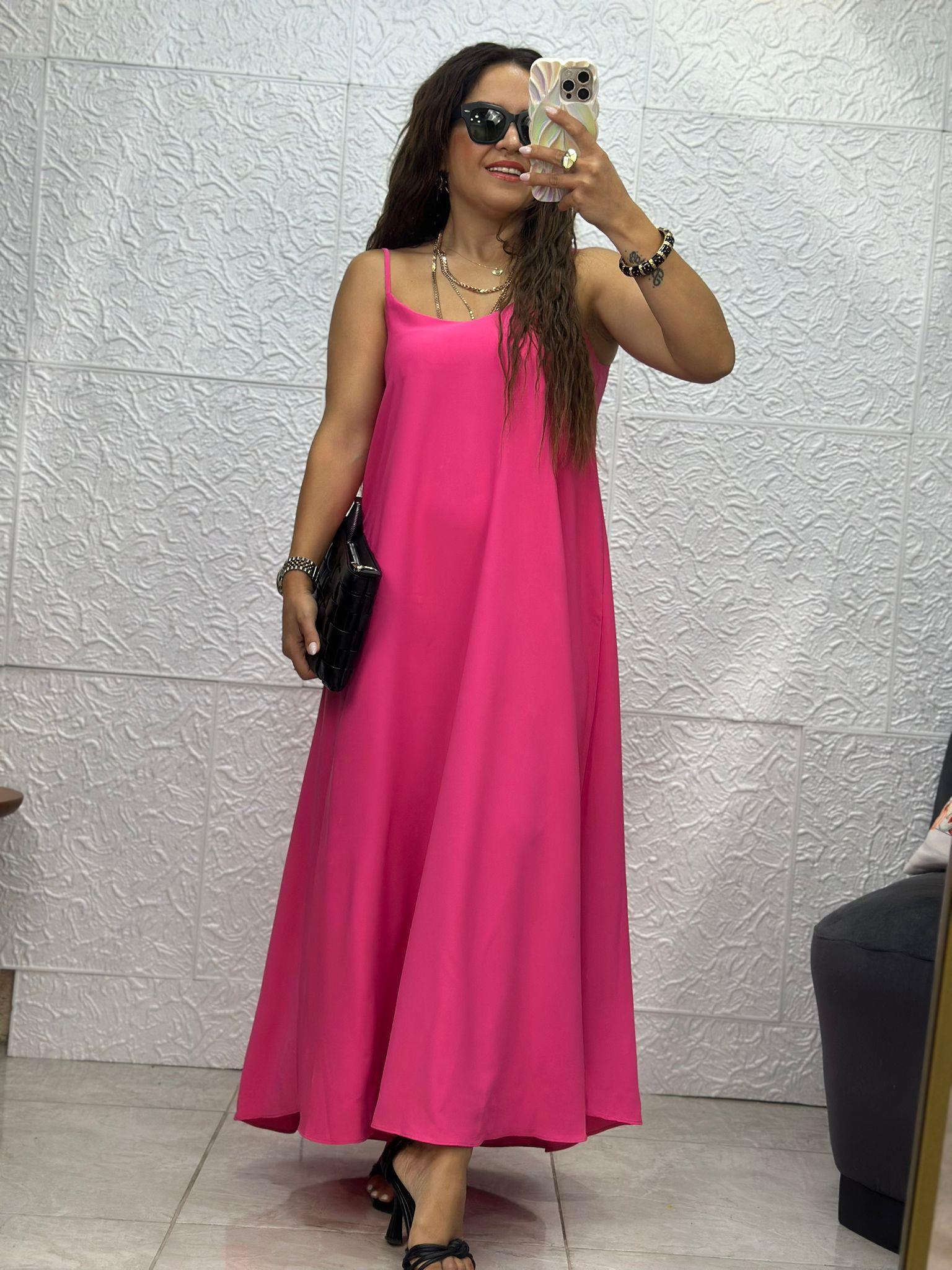 İnce Askılı Pembe Saten Elbise