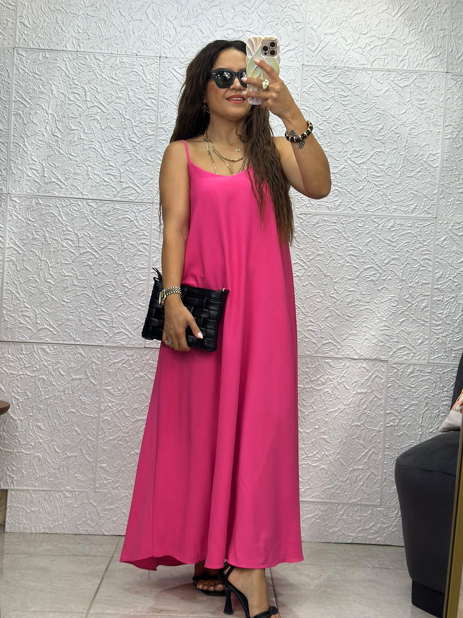 İnce Askılı Pembe Saten Elbise
