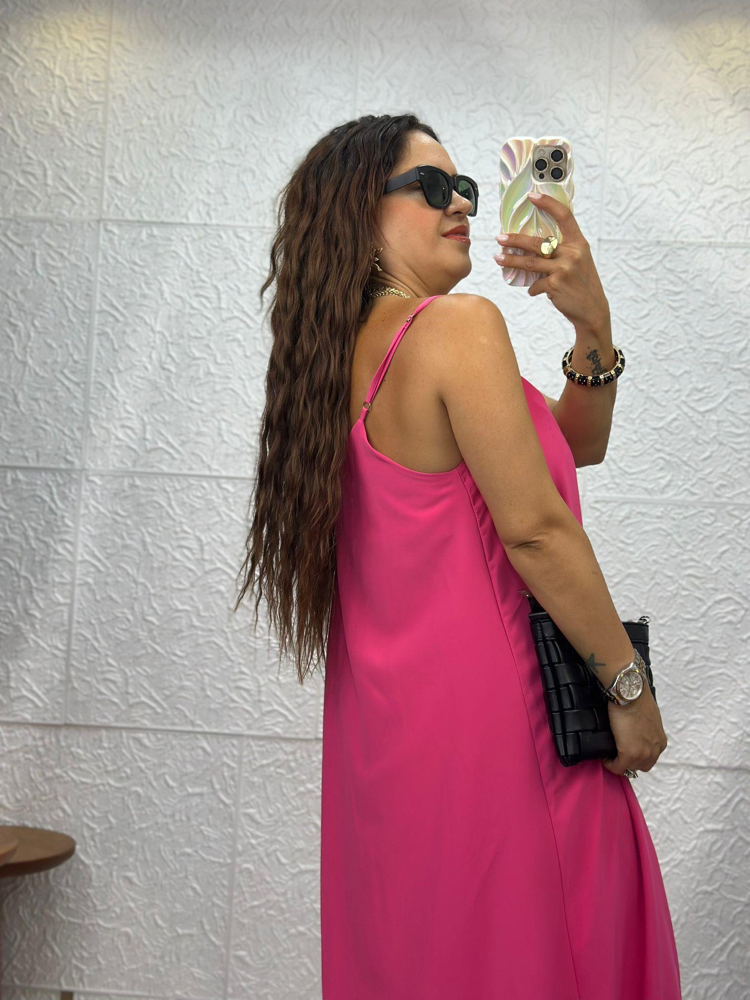 İnce Askılı Pembe Saten Elbise