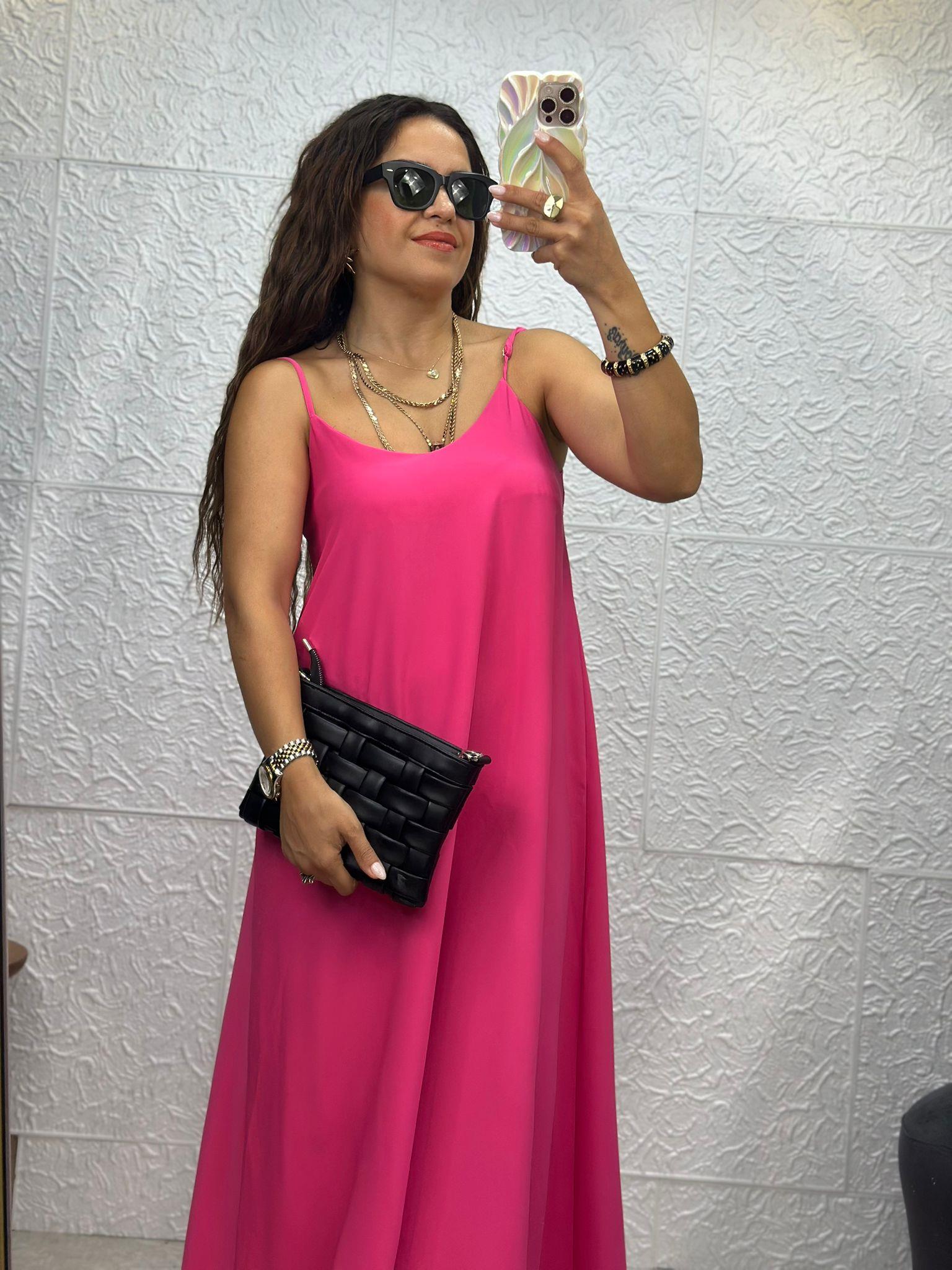 İnce Askılı Pembe Saten Elbise
