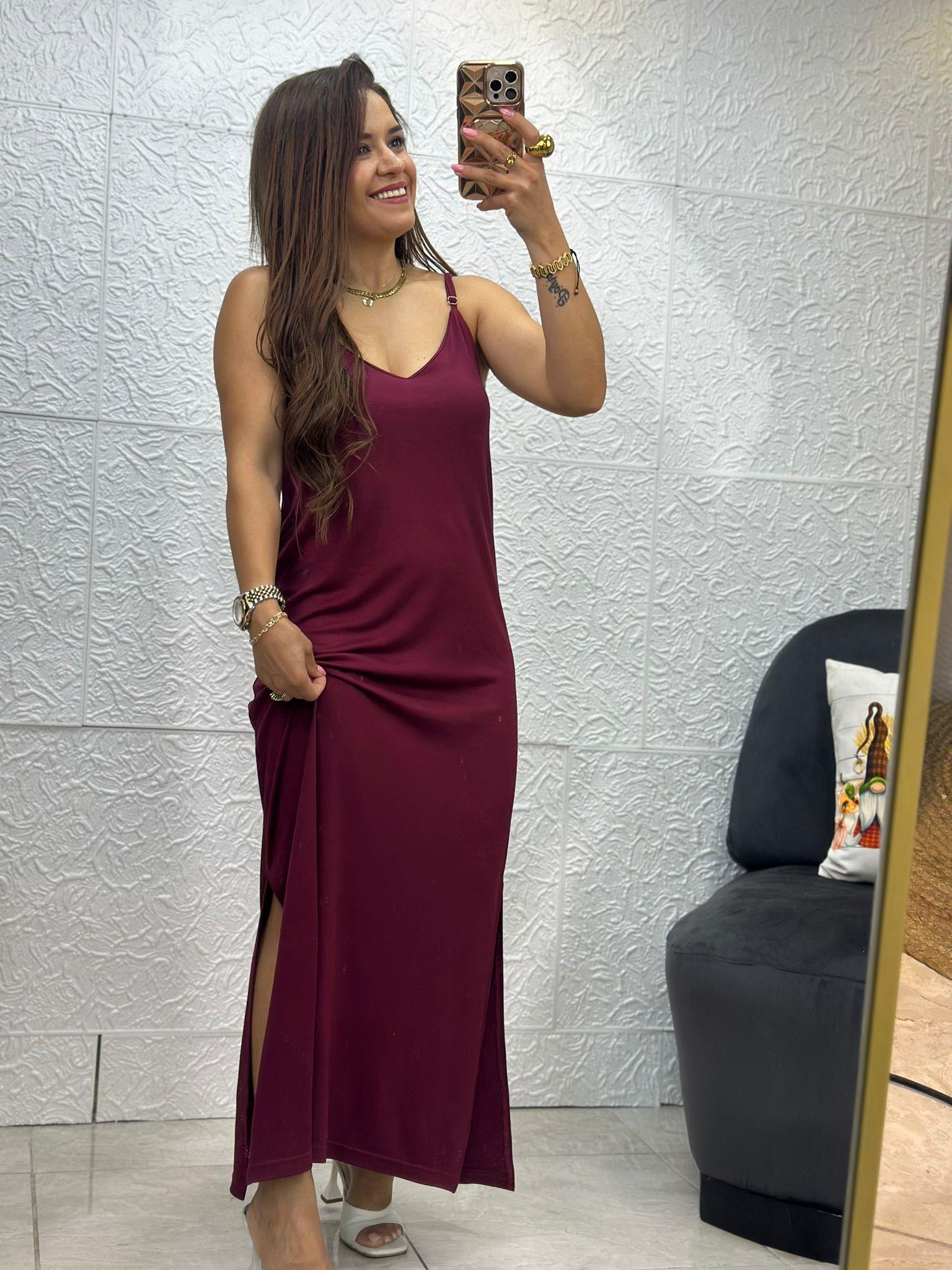 İnce Askılı Yırtmaçlı Bordo Elbise