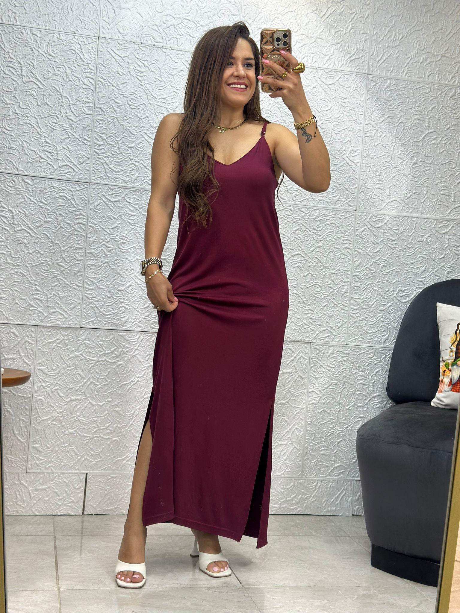 İnce Askılı Yırtmaçlı Bordo Elbise