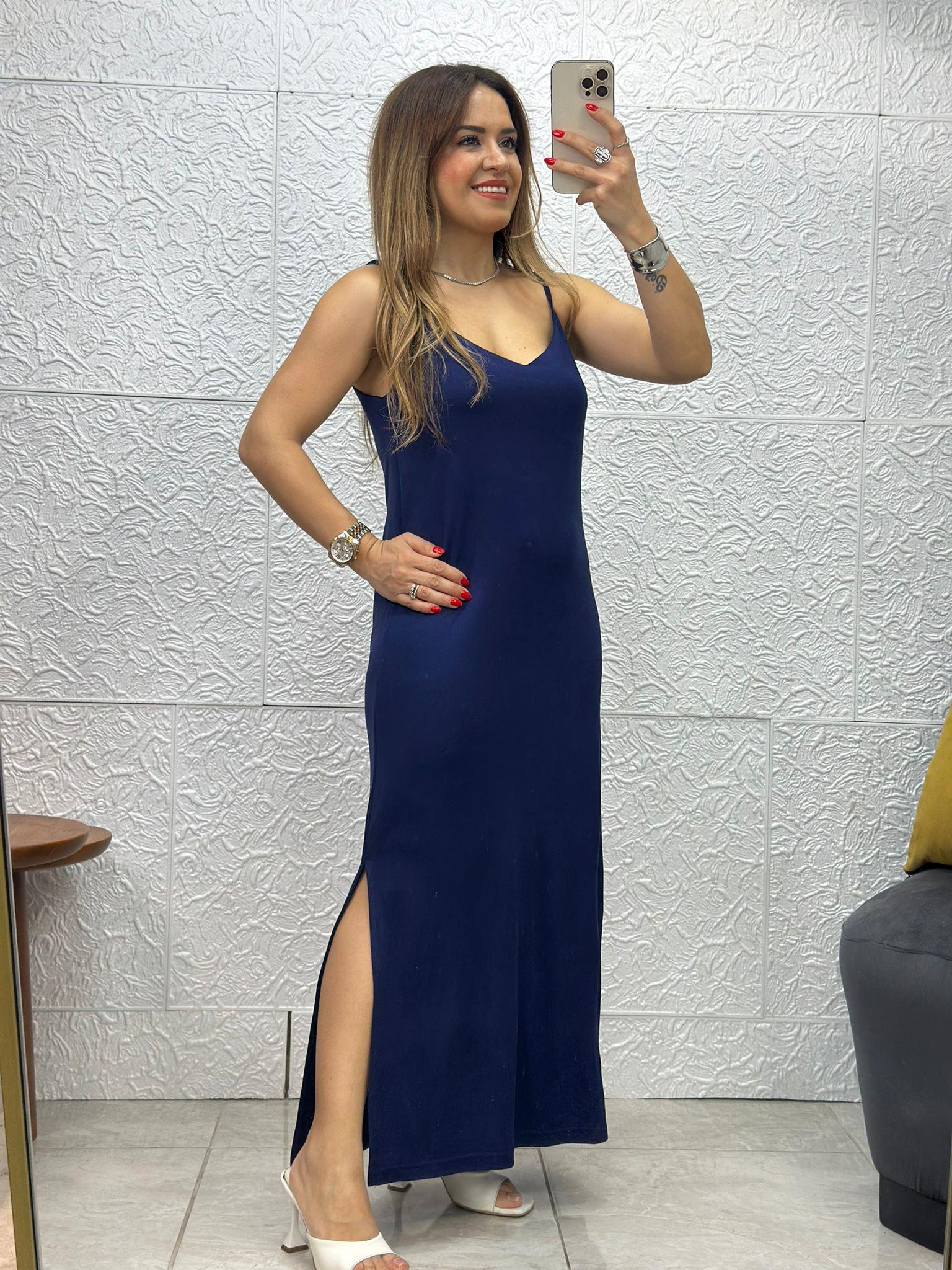 İnce Askılı Yırtmaçlı Lacivert Elbise