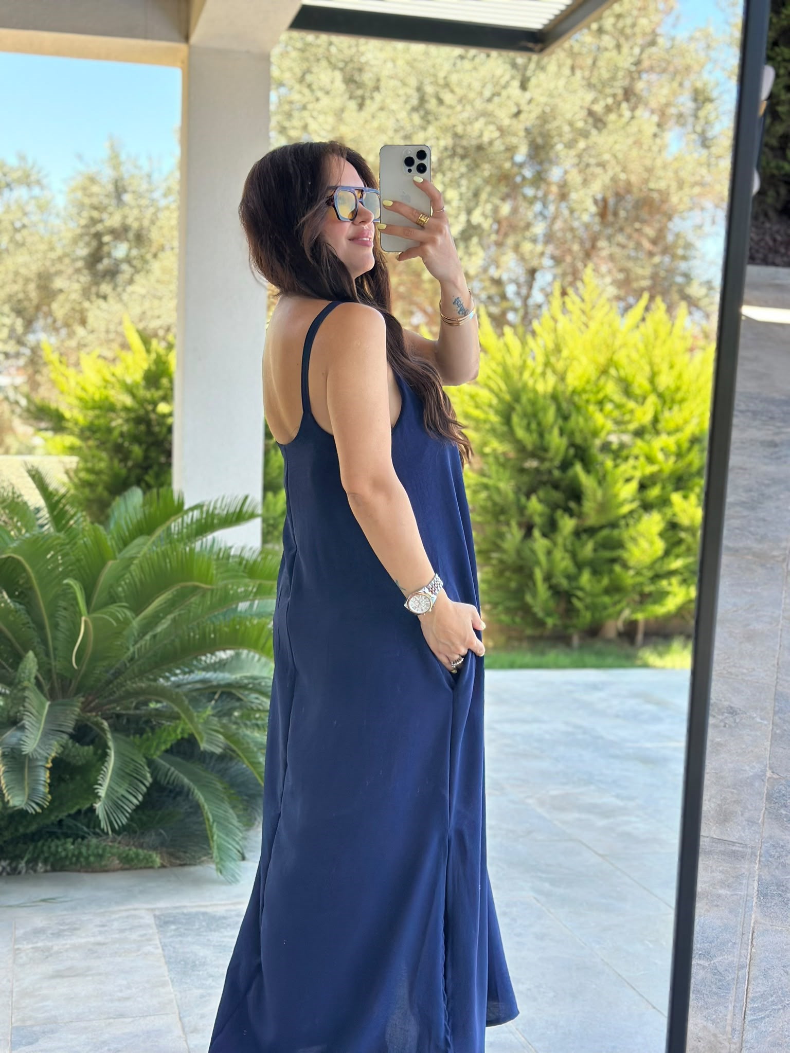 İp Asklı Yanları Yırtmaçlı Lacivert Elbise