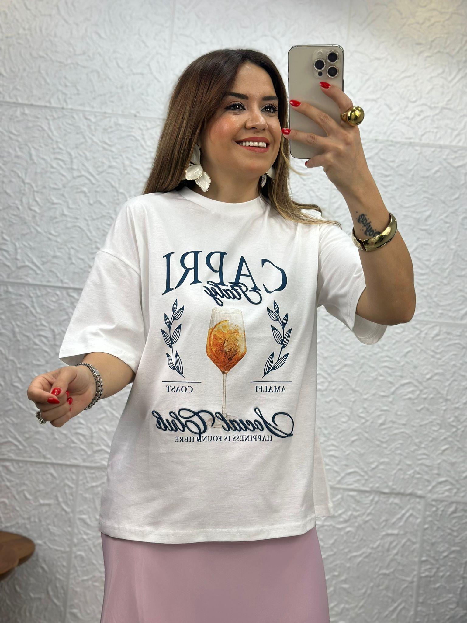 Kadeh Baskılı Beyaz Tshirt