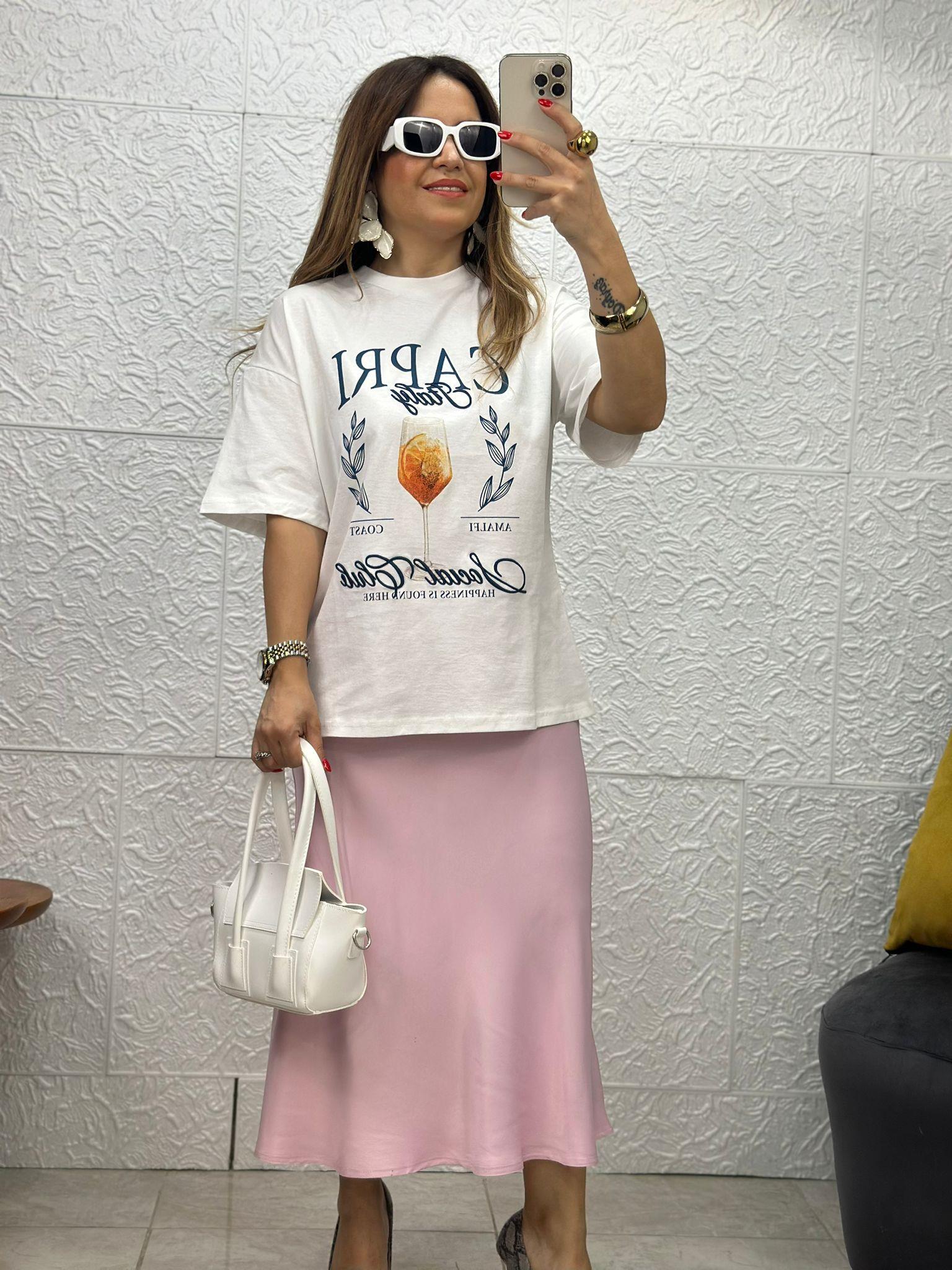 Kadeh Baskılı Beyaz Tshirt