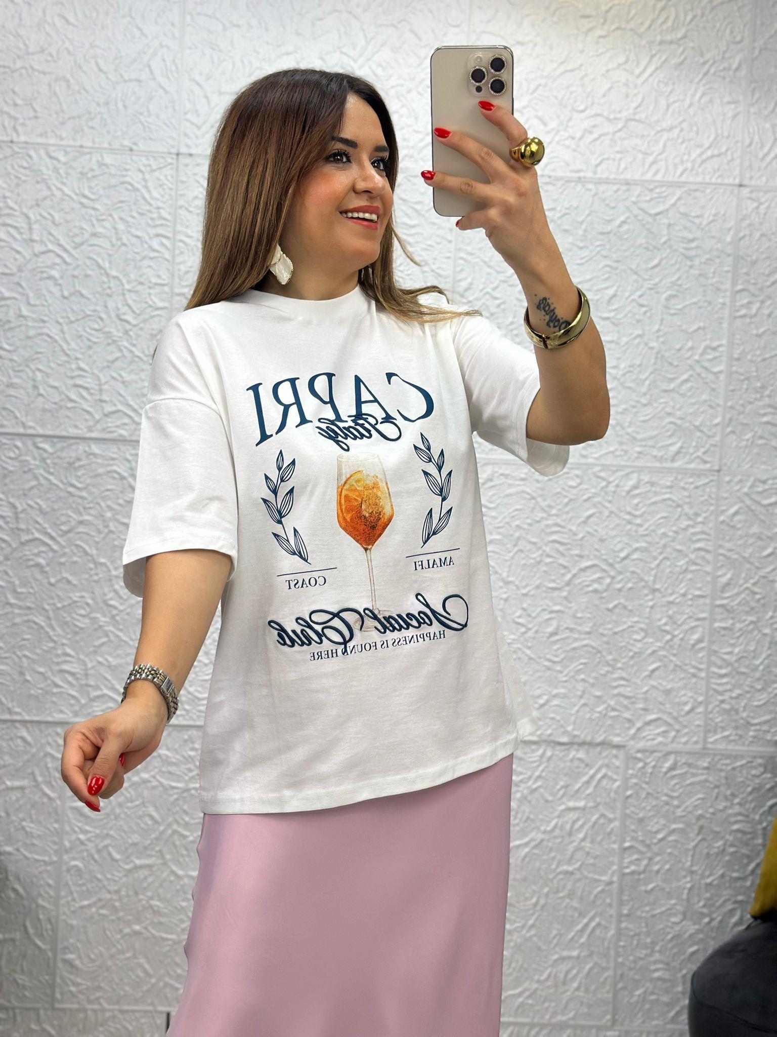 Kadeh Baskılı Beyaz Tshirt