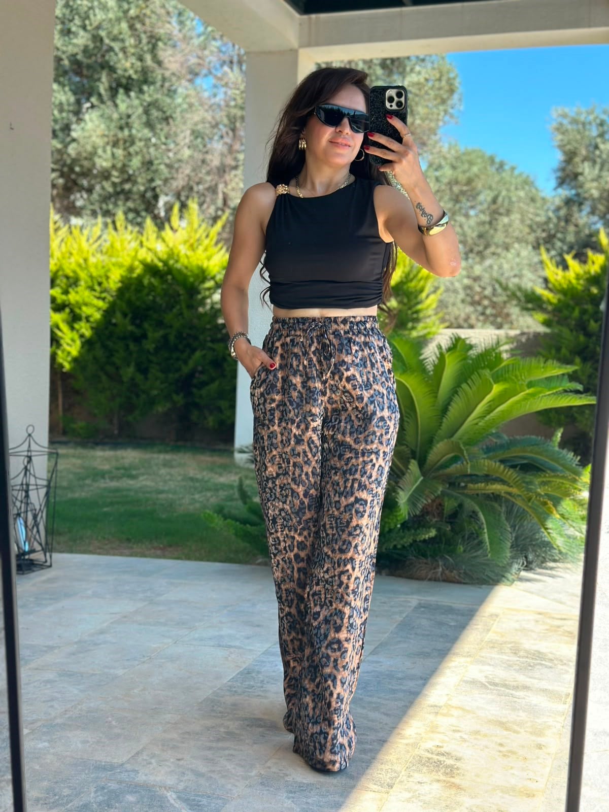 Kahverengi Leopar Bol Paça Pantolon