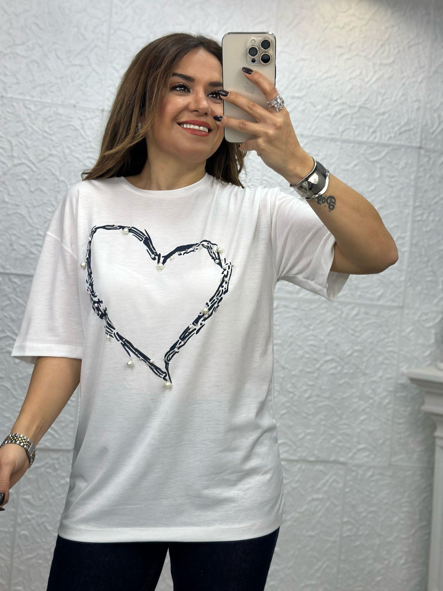 Kalp İncili Beyaz Tshirt