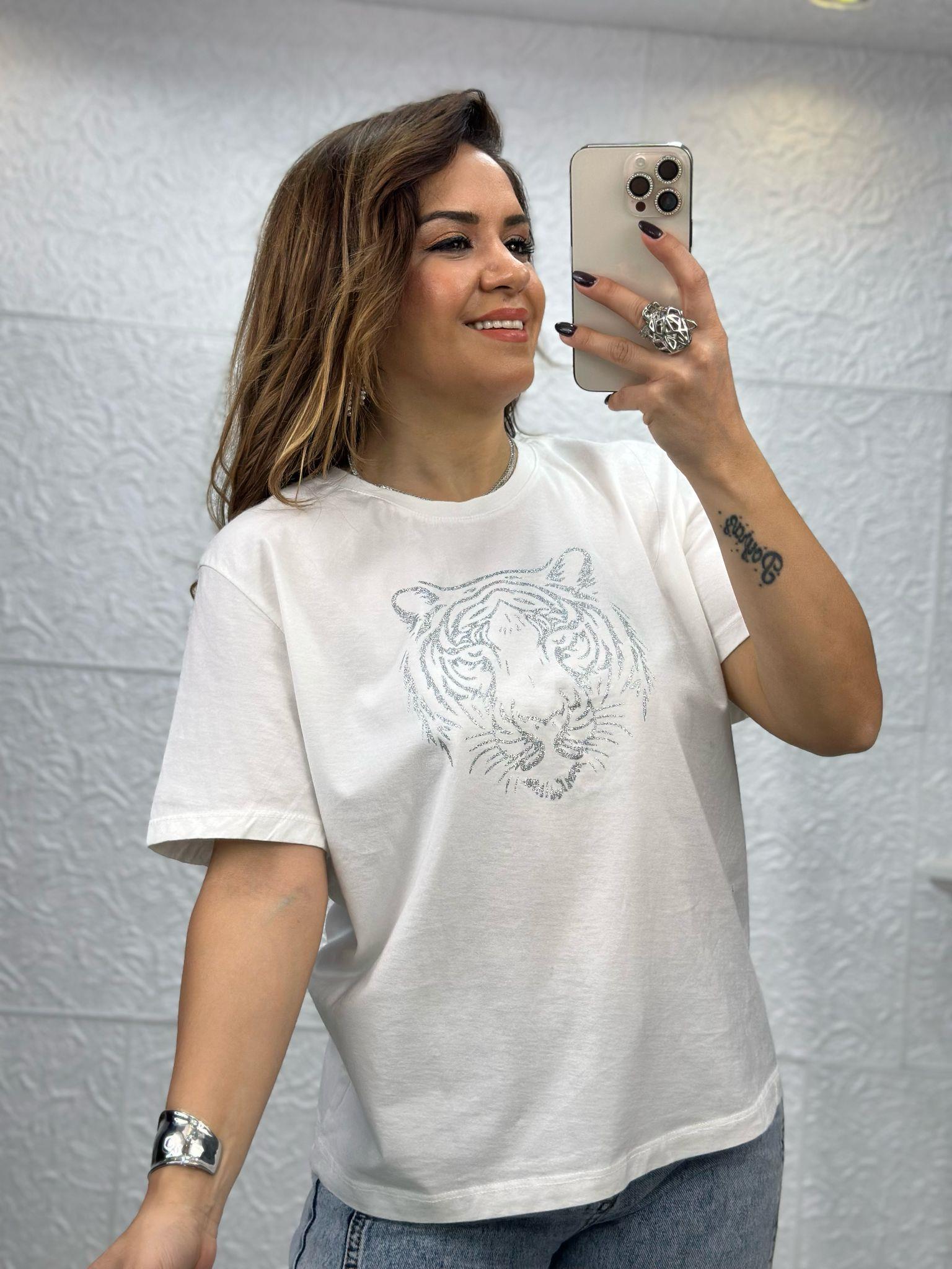 Kaplan Baskılı Beyaz Tshirt