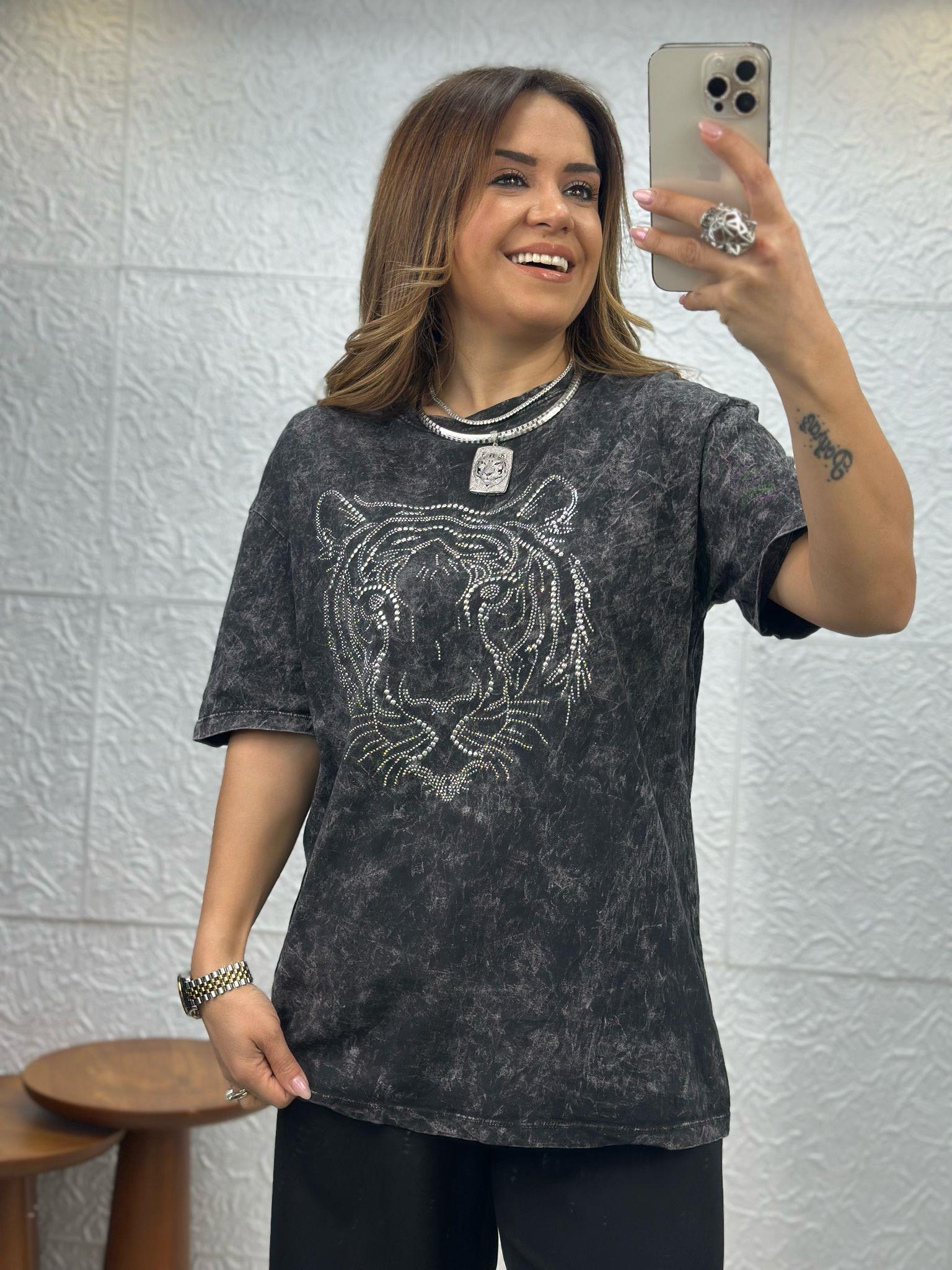 Kaplan Desenli Taşlı Antrasit Tshirt
