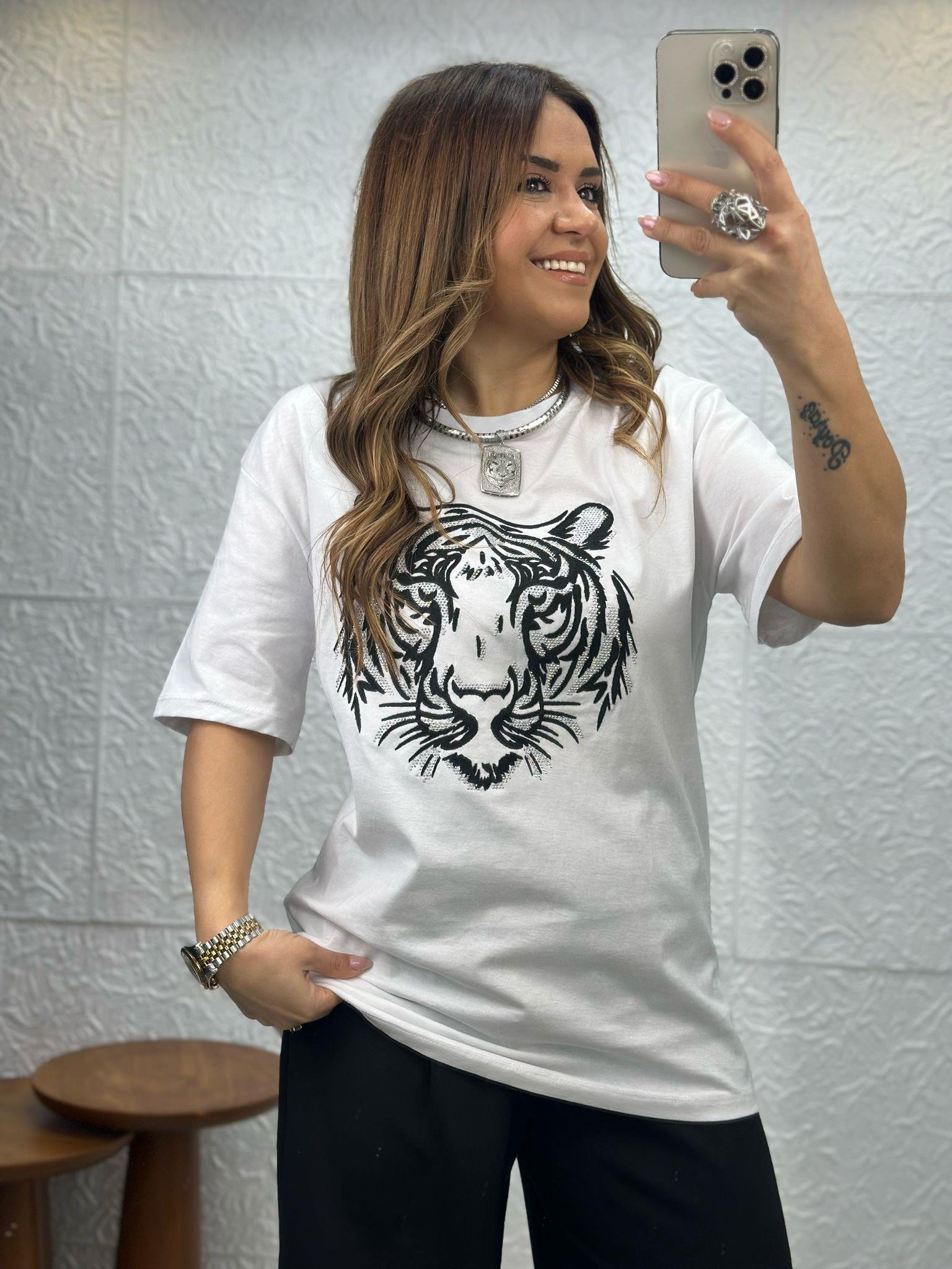 Kaplan Desenli Taşlı Beyaz Tshirt