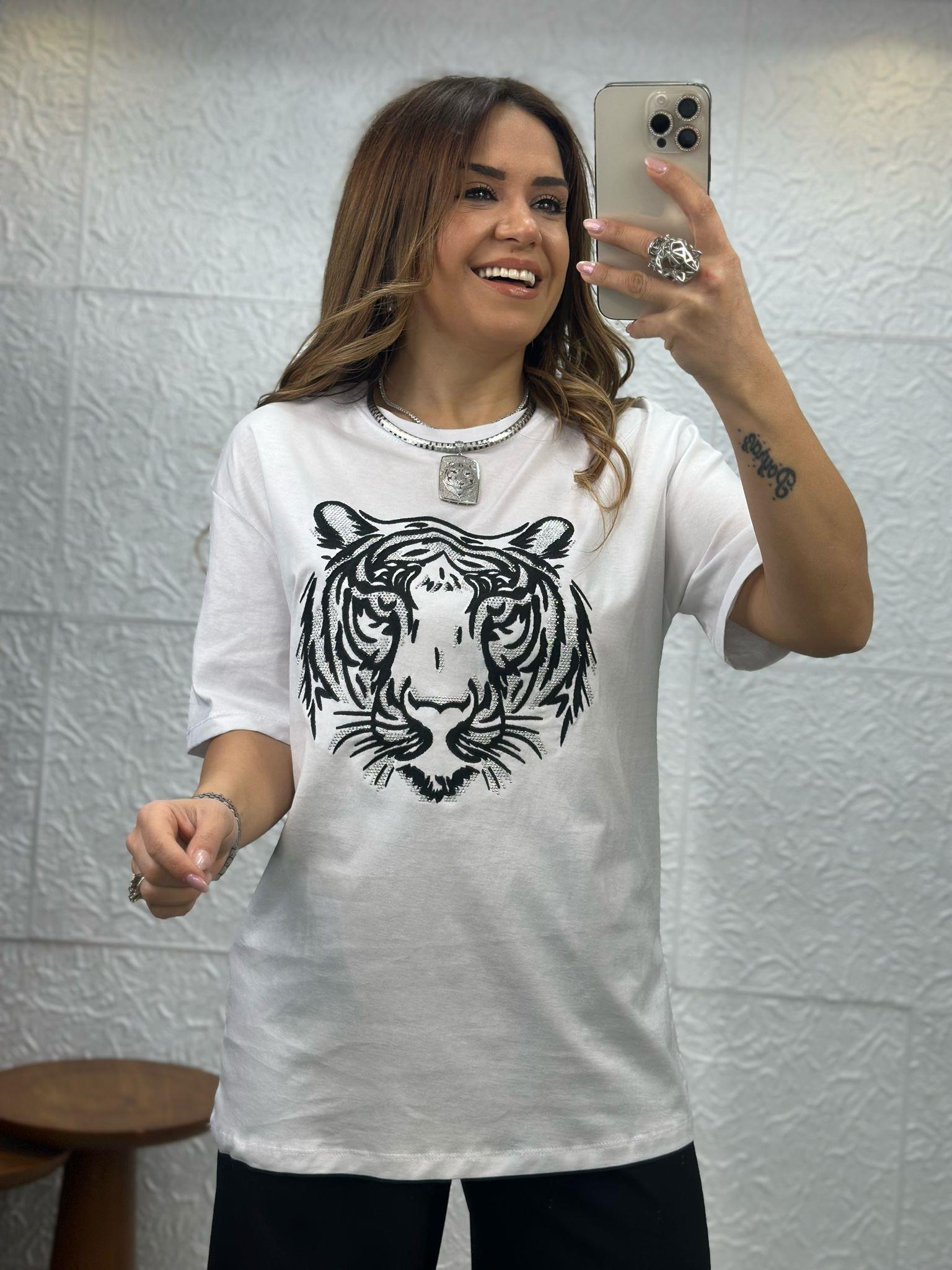 Kaplan Desenli Taşlı Beyaz Tshirt