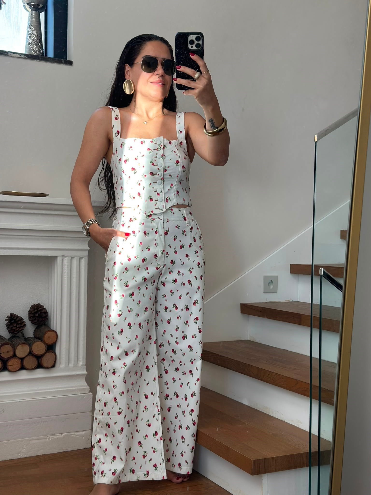 Kırmızı Çiçek Desenli Pantolon Yelekli Beya Takım